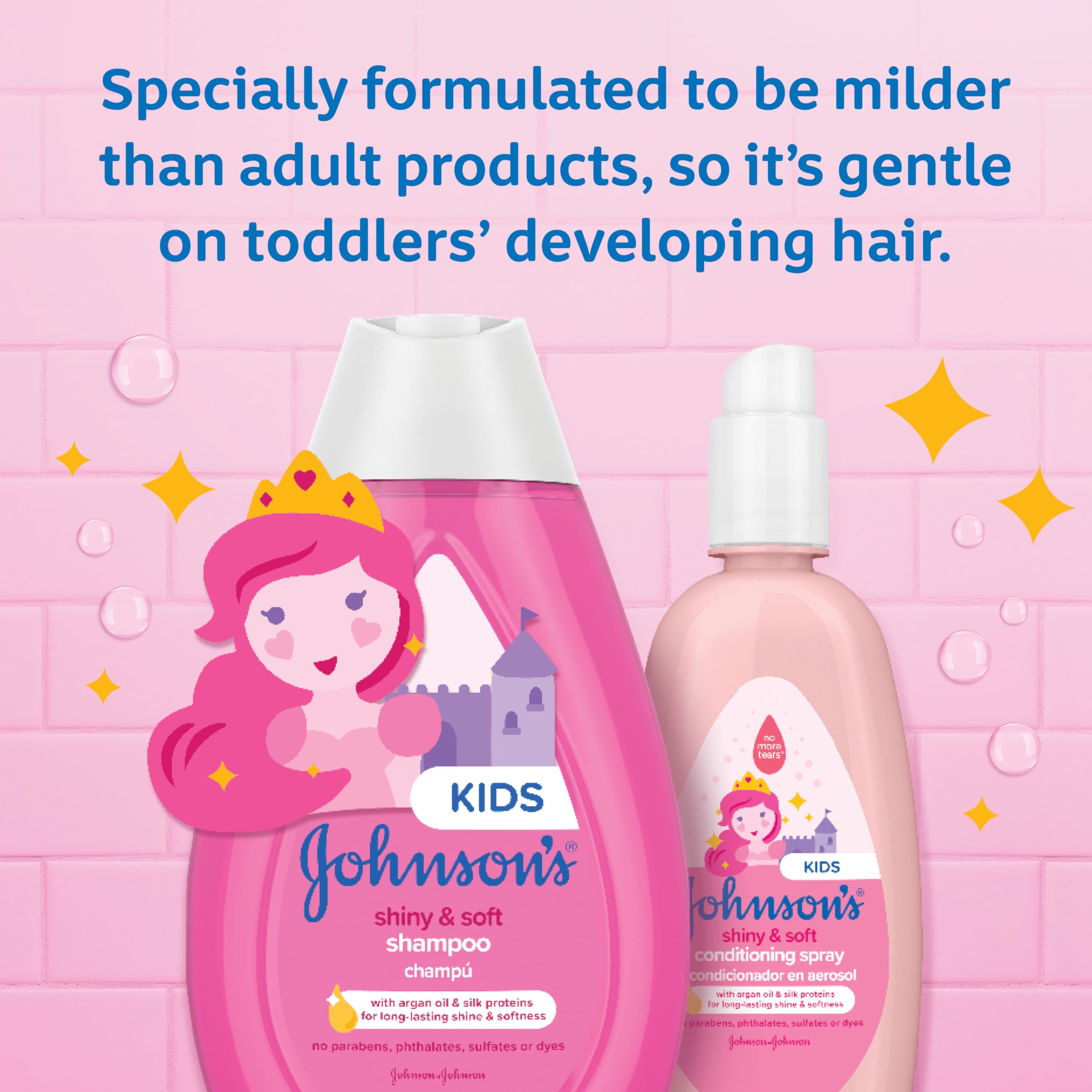 Johnson's Kids Shiny & Soft Hair Conditioning Spray with Argan Oil & Silk Proteins, Tear-Free Conditioning Spray for Shine & Softness, Gentle for Toddler Haircare, 10 fl. oz (Pack of 2)