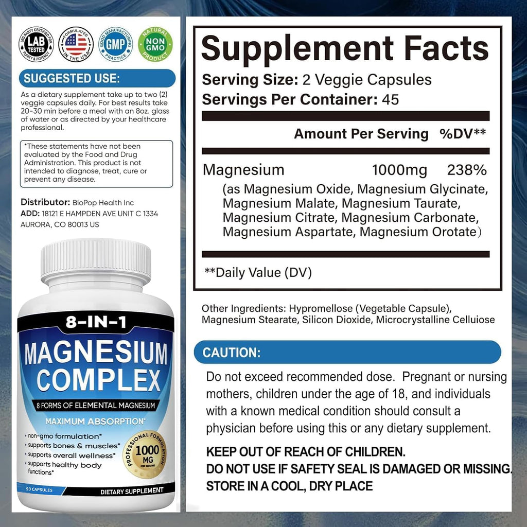Magnesium Complex Supplement 8 Elemental 1000mg with Glycinate,Citrate for Muscle, Recovery, Stress, Energy, Bone Health, Vegan Non-GMO 180 Capsules, Magnesium Supplement for Women, Men, 2 Bottle