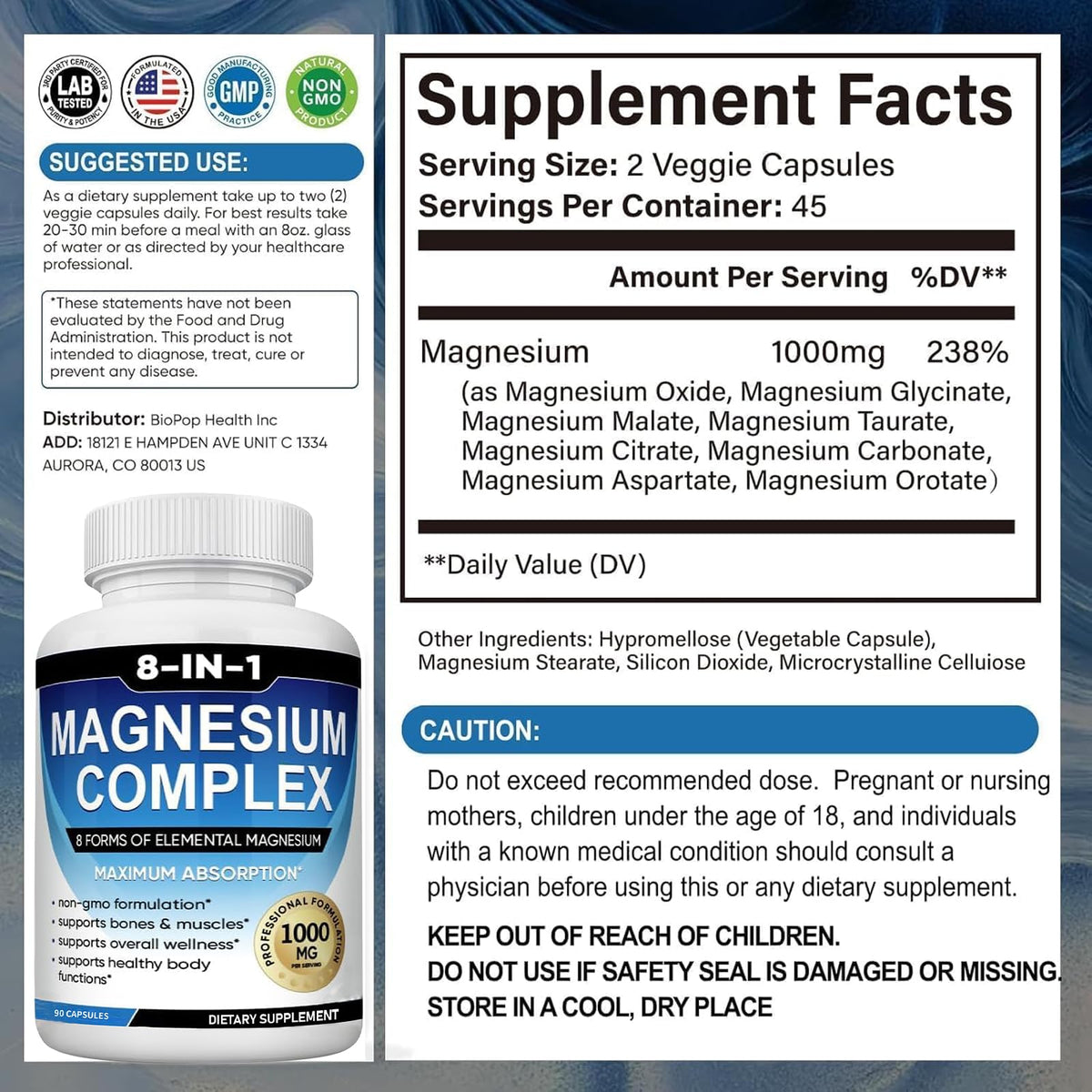 Magnesium Complex Supplement 8 Elemental 1000mg with Glycinate,Citrate for Muscle, Recovery, Stress, Energy, Bone Health, Vegan Non-GMO 180 Capsules, Magnesium Supplement for Women, Men, 2 Bottle