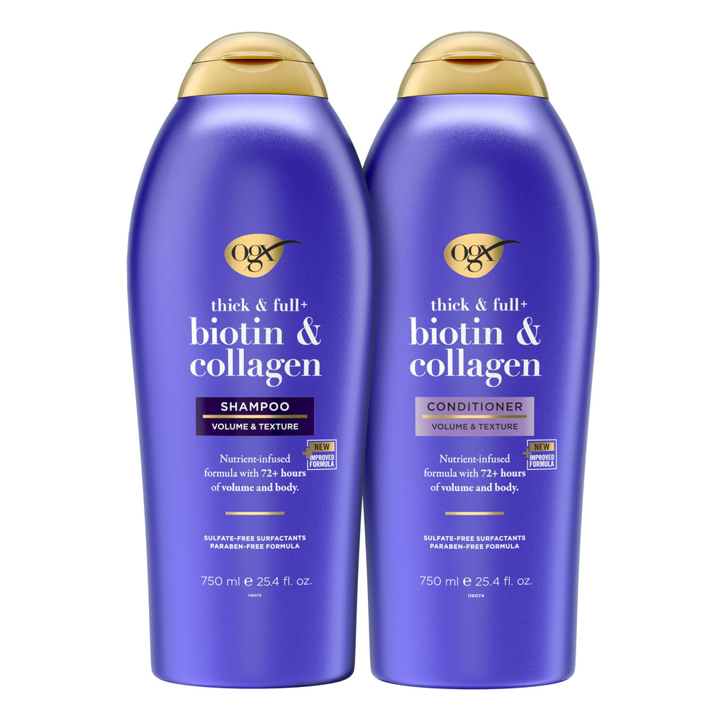 OGX Thick & Full + Biotin & Collagen Shampoo & Conditioner, 2 x 13 fl. oz | Shampoo & Conditioner Set, For Fine & Thinning Hair, Gives Volume & Body, Sulfate-Free, Nutrient-Infused, With Vitamin B7