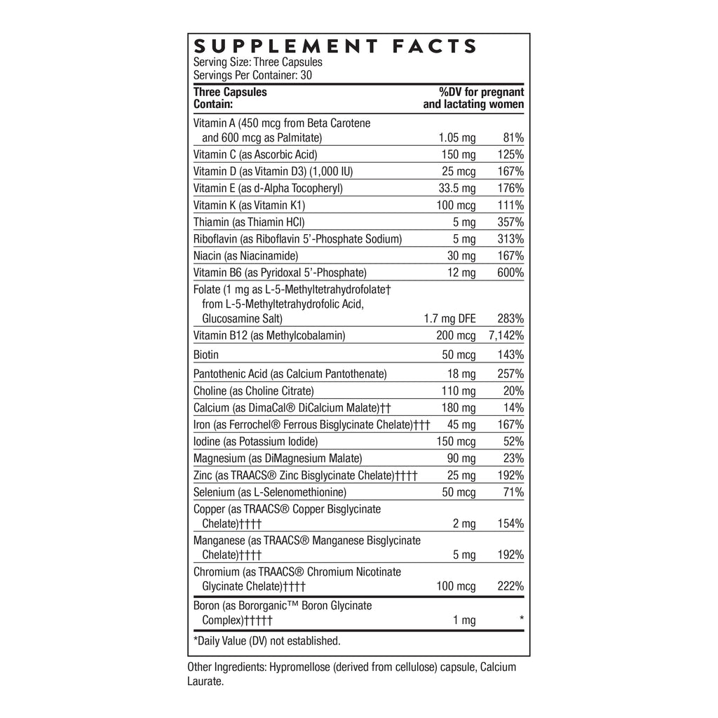 THORNE Basic Prenatal, Includes Active Folate, Choline & Iron, 90 Capsules | Comprehensive Daily Multi-Vitamin for Pregnant & Nursing Women, Gluten, Dairy & Soy-Free, NSF Contents Certified