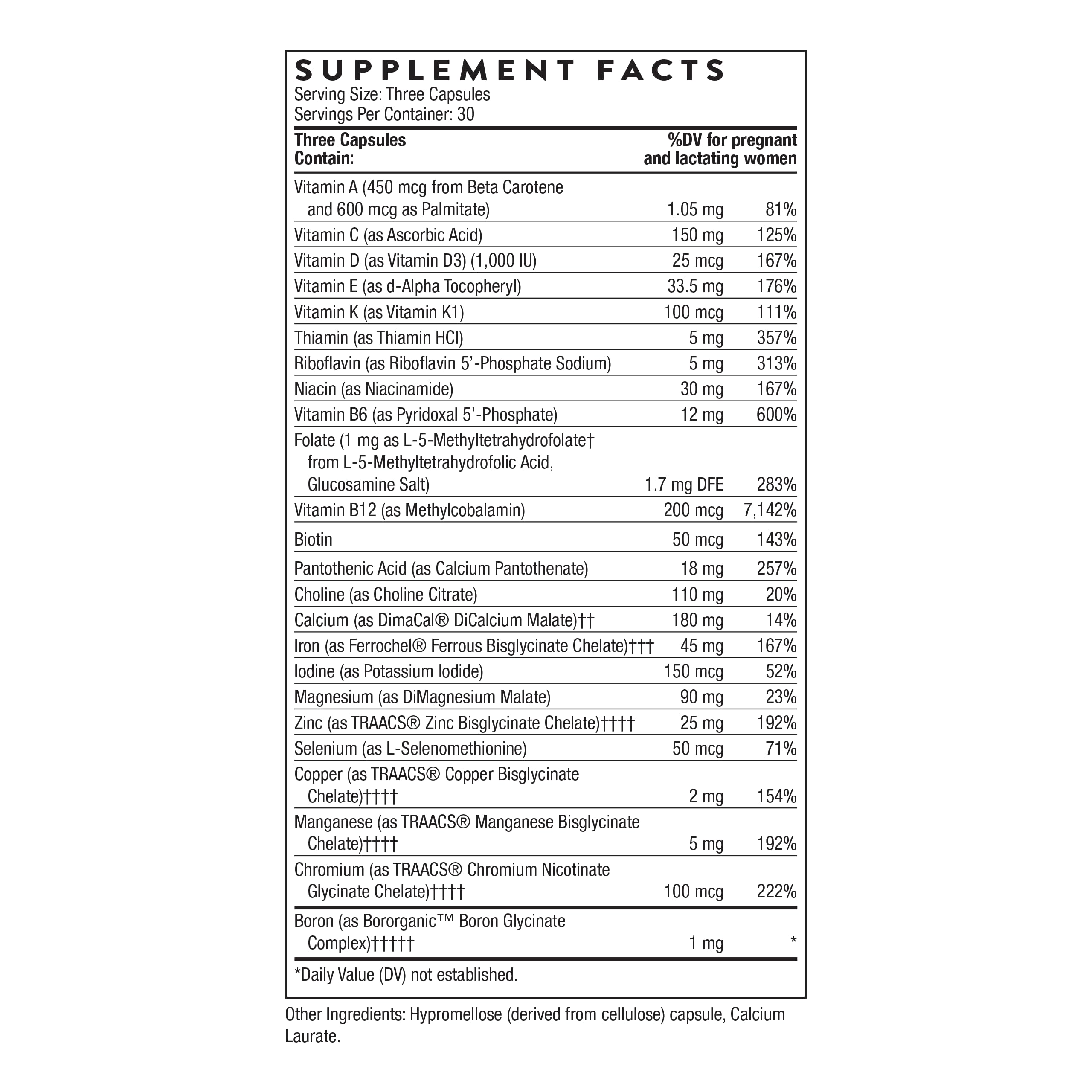 THORNE Basic Prenatal, Includes Active Folate, Choline & Iron, 90 Capsules | Comprehensive Daily Multi-Vitamin for Pregnant & Nursing Women, Gluten, Dairy & Soy-Free, NSF Contents Certified
