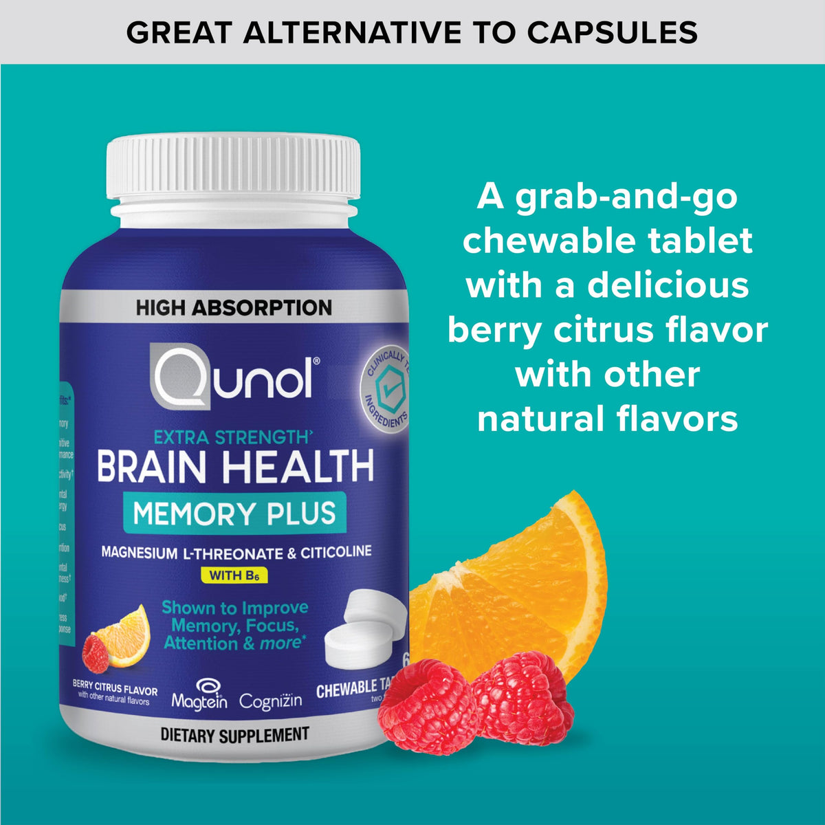 Qunol Brain Health Memory Plus Chewable w/Magtein, Cognizin & VIT B6, 60ct