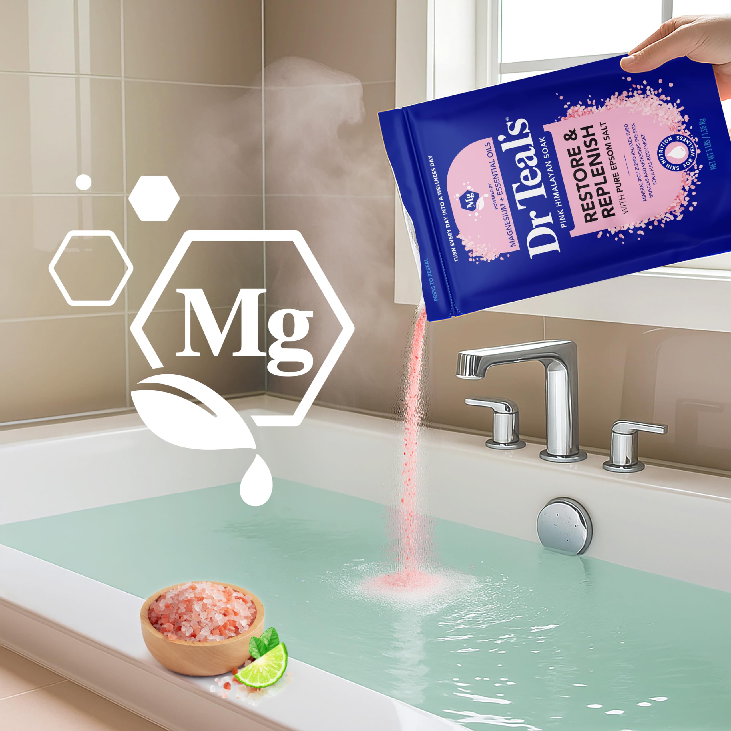 Dr Teal's Epsom Salt Magnesium Soak, Restore & Replenish with Pink Himalayan Salt, 3 lbs