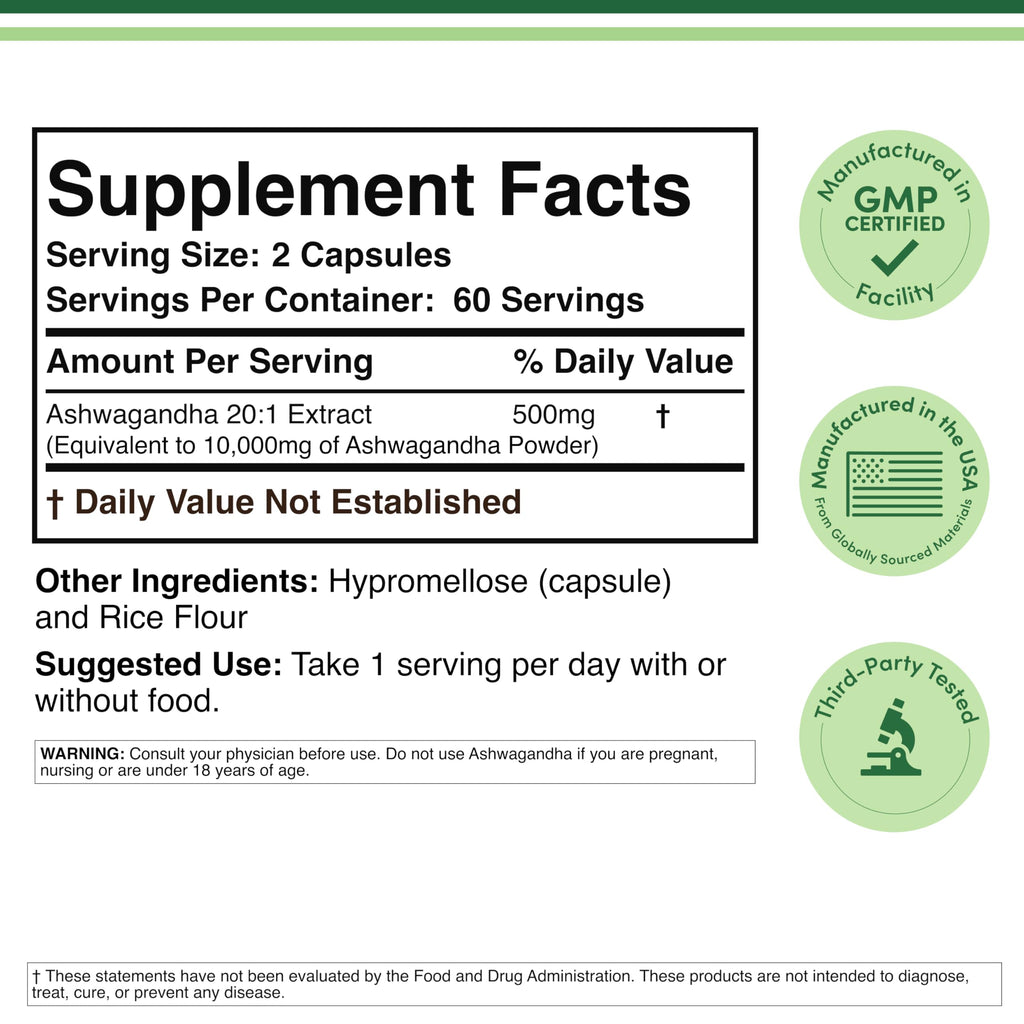 Ashwagandha 500mg 20:1 Extract, Stress, Calm + Sleep Support, 120 Capsules | Stress, Calm + Sleep Supplement, Concentrated 20:1 Root (~10g Equivalent), AM or PM Use, Vegetarian, 60-Day Supply