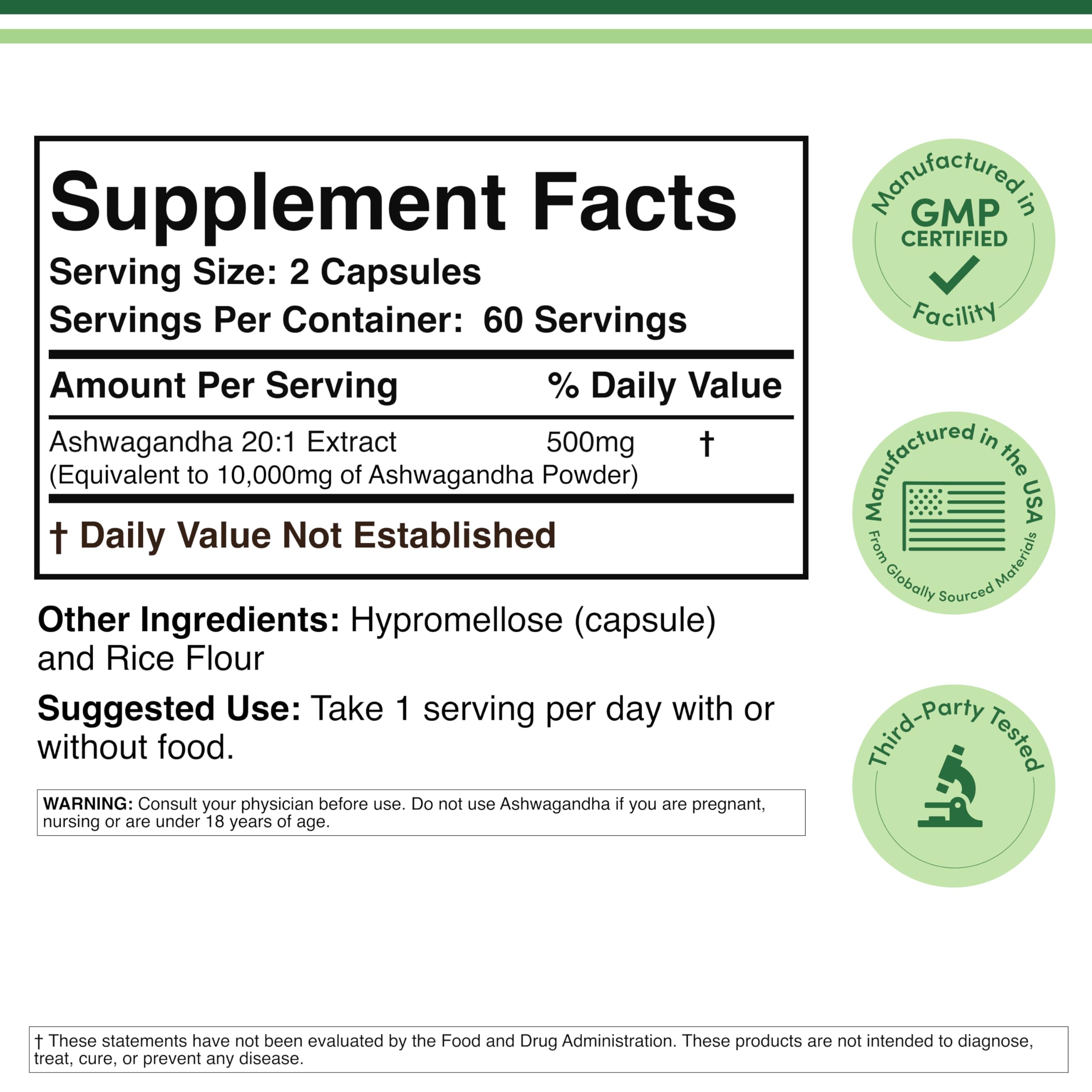Ashwagandha 500mg 20:1 Extract, Stress, Calm + Sleep Support, 120 Capsules | Stress, Calm + Sleep Supplement, Concentrated 20:1 Root (~10g Equivalent), AM or PM Use, Vegetarian, 60-Day Supply