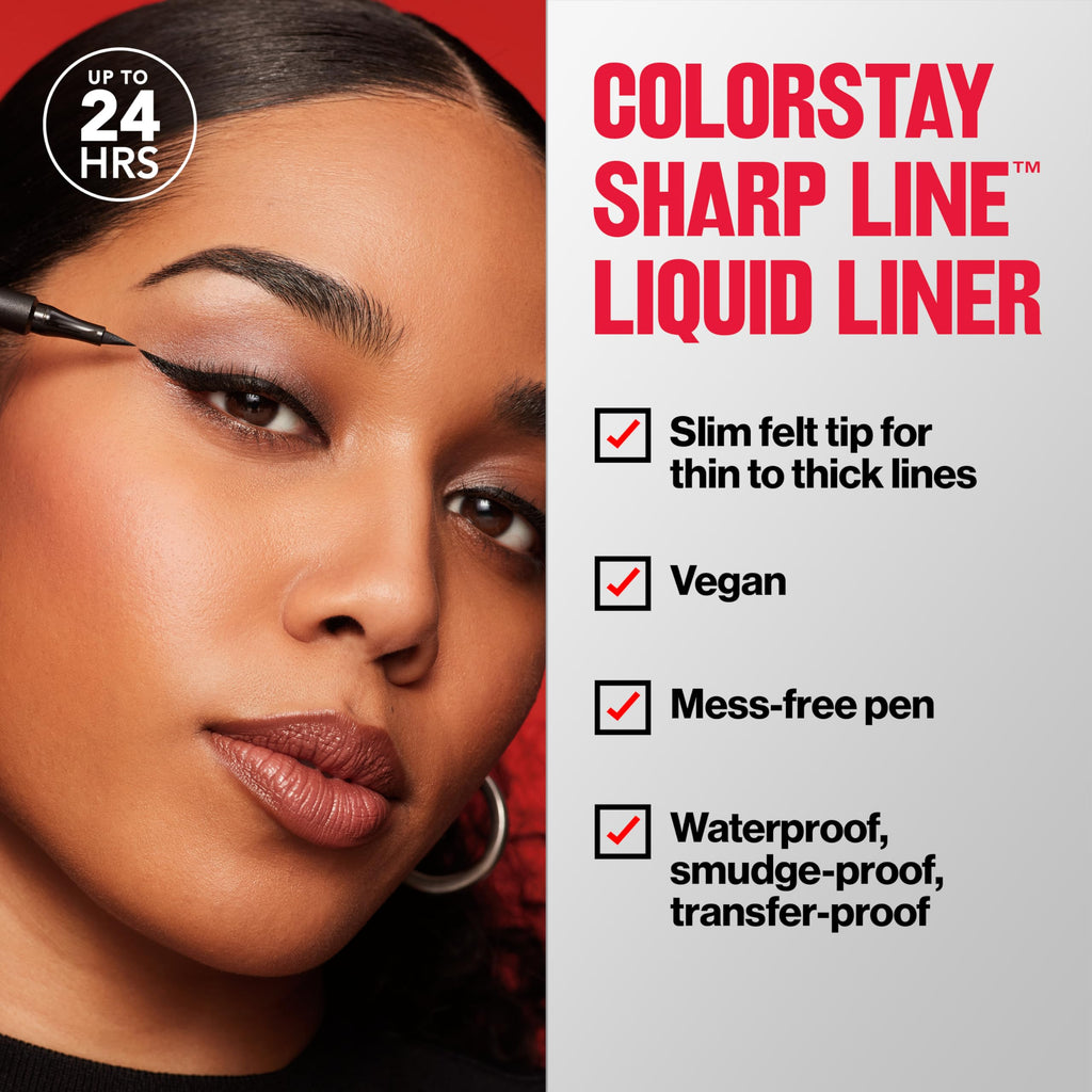 Revlon ColorStay Sharp Line Liquid Eyeliner, Blackest Black, 0.04 fl oz | Waterproof liquid eyeliner with felt tip for sharp, thin-to-thick lines. Smudge-proof, long-lasting.