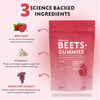 Beets+ Gummies - Premium Beet Root Powder, Grape Seed Extract and Vitamin C - Supports Healthy Blood Pressure and Heart Health - Low Sugar Nitric Oxide and Circulation Supplement - 50 Gummies