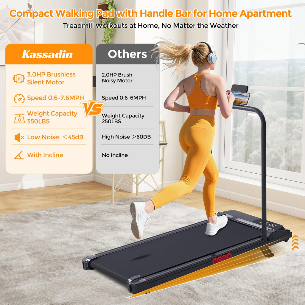 KASSADIN Electric Walking Pad Treadmill with Handle Bar Incline for Home
