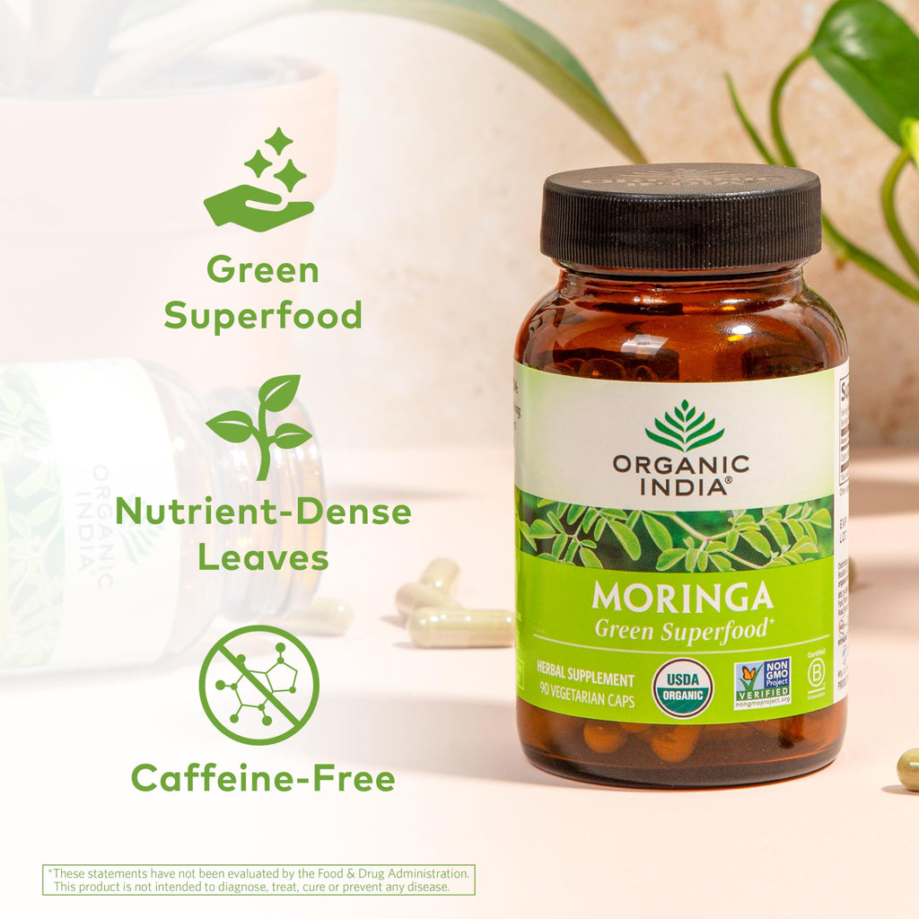 ORGANIC INDIA Moringa Herbal Supplement - Green Superfood, Nutrient Dense, Pure Plant Protein, Vitamin A, E, K, Iron, Calcium, Fiber, Vegan, Gluten-Free, USDA Certified Organic - 90 Capsules