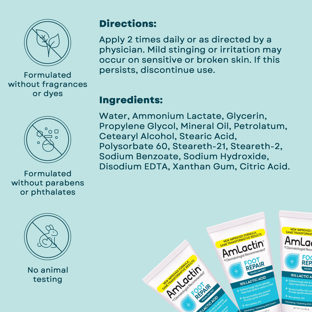 AmLactin Foot Repair Cream, 15% Lactic Acid for Cracked Heels, 3 oz | 15% lactic acid foot cream exfoliates, softens calluses and moisturizes dry, cracked heels and rough feet without scrubbing.