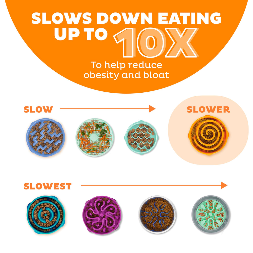 Outward Hound Fun Feeder Slo Bowl – Medium 2‑Cup Capacity, Slow Feeding, Small to Medium Dogs & Cats, Non-Slip, Orange, Swirl Pattern