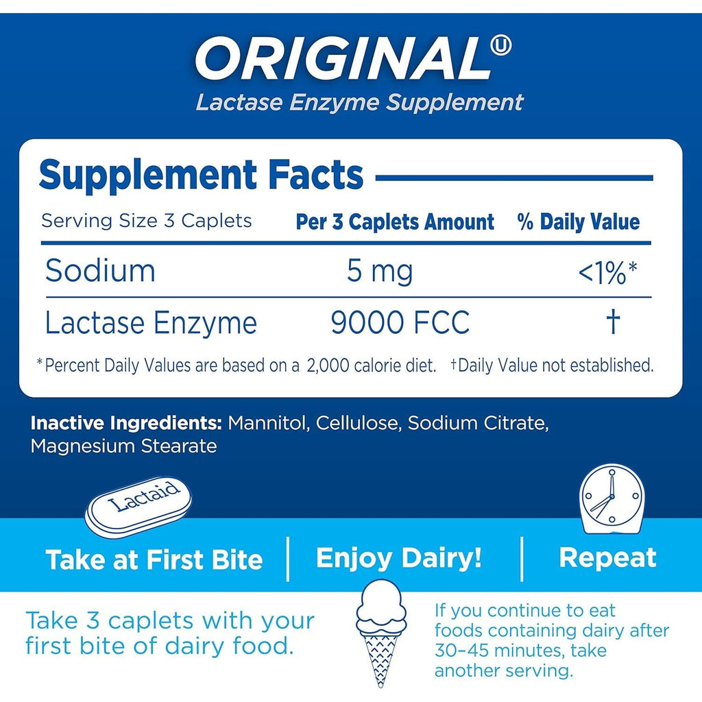 Buy now Lactaid Original Strength Lactose Intolerance Pills, 9000 FCC Natural Lactase Enzyme Dairy Relief Caplets, Helps Prevent Gas, Bloating & Diarrhea Due to Lactose Sensitivity in Adults & Kids, 120 Count at indiglob india