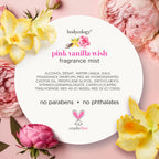 Bodycology Pink Vanilla Wish fragrance mist with floral accents, highlighting cruelty-free formula without parabens or phthalates.