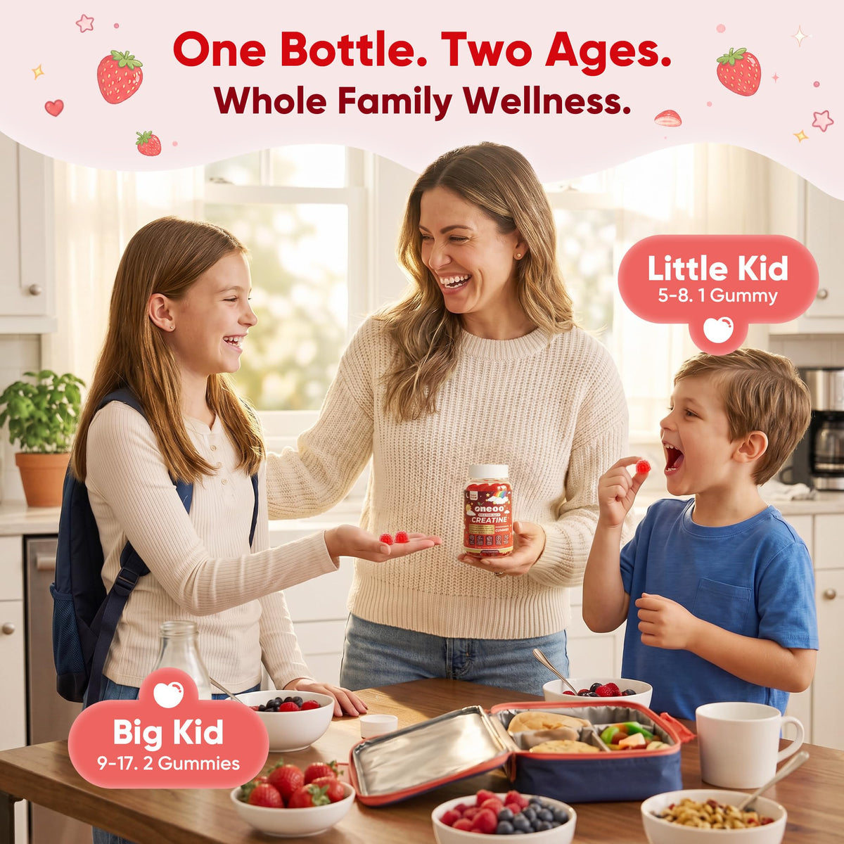 Creatine Monohydrate Gummies for Kids & Teens Ages 5+, with 1500mg-3000mg Creatine Monohydrate, with D3+K2 + Magnesium + B12, Supports Energy, Focus Bone & Brain Health, Sugar-Free, Strawberry 2 Pack