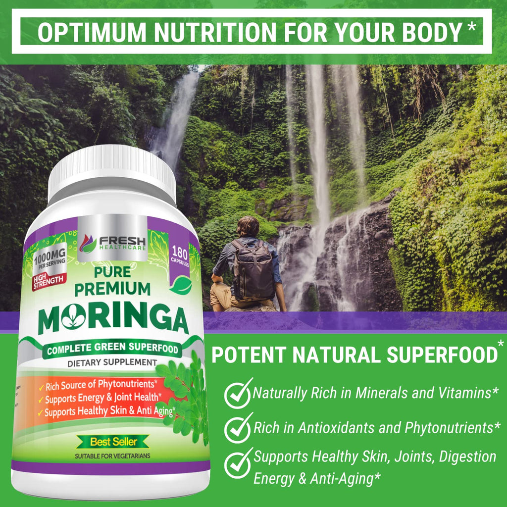 FRESH HEALTHCARE Moringa Capsules - 100% Pure Leaf Powder Supplement, 180 Pills, Non-GMO, 3 Month Supply, Complete Green Superfood for Energy, Skin, Immune and Gut Health Support