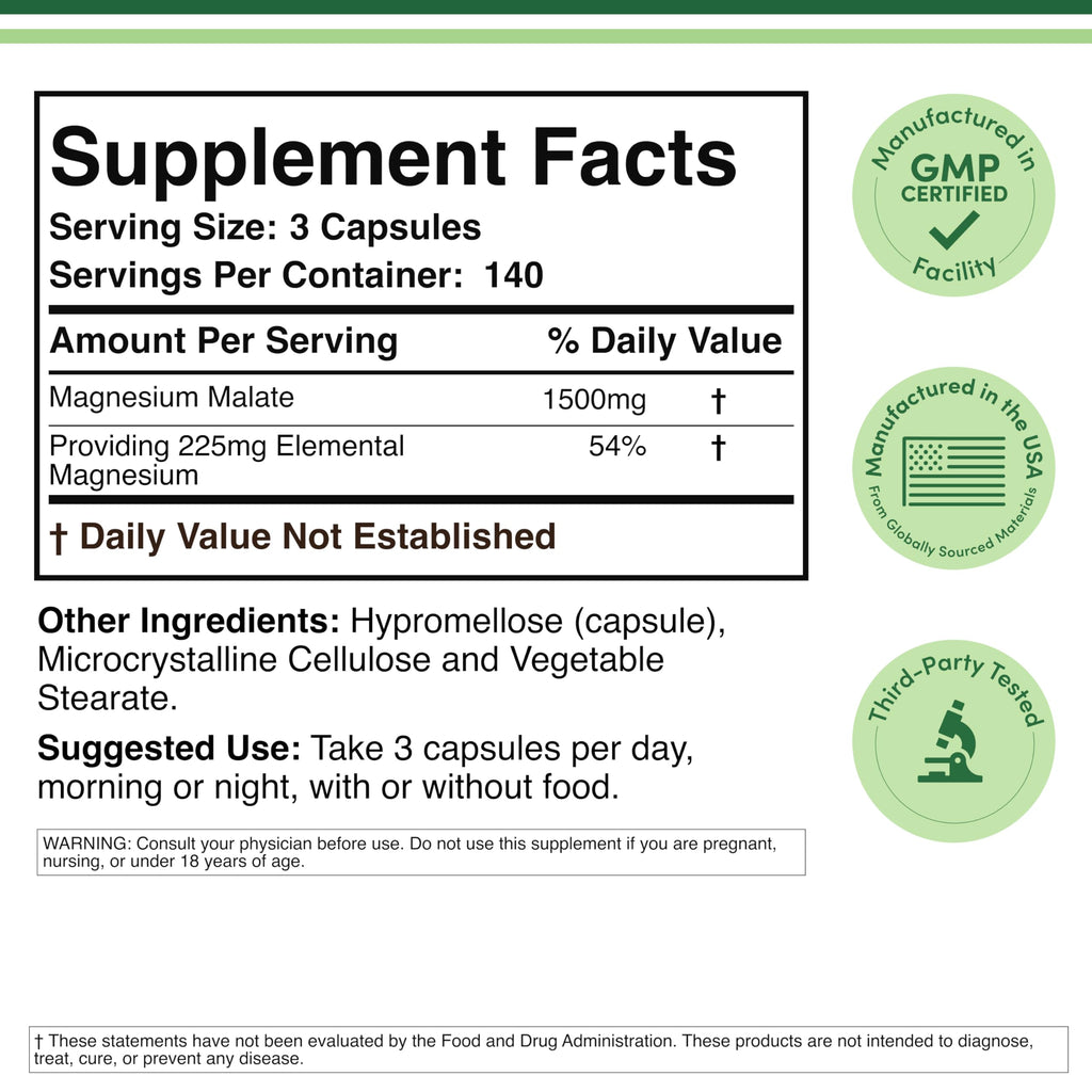 Magnesium Malate 1,500mg, Daytime Energy + Muscle Support, 420 Capsules | Daytime Energy + Muscle Supplement, 225mg Elemental Mg per Serving, Malic Acid for Cellular Energy, Vegan + Non-GMO