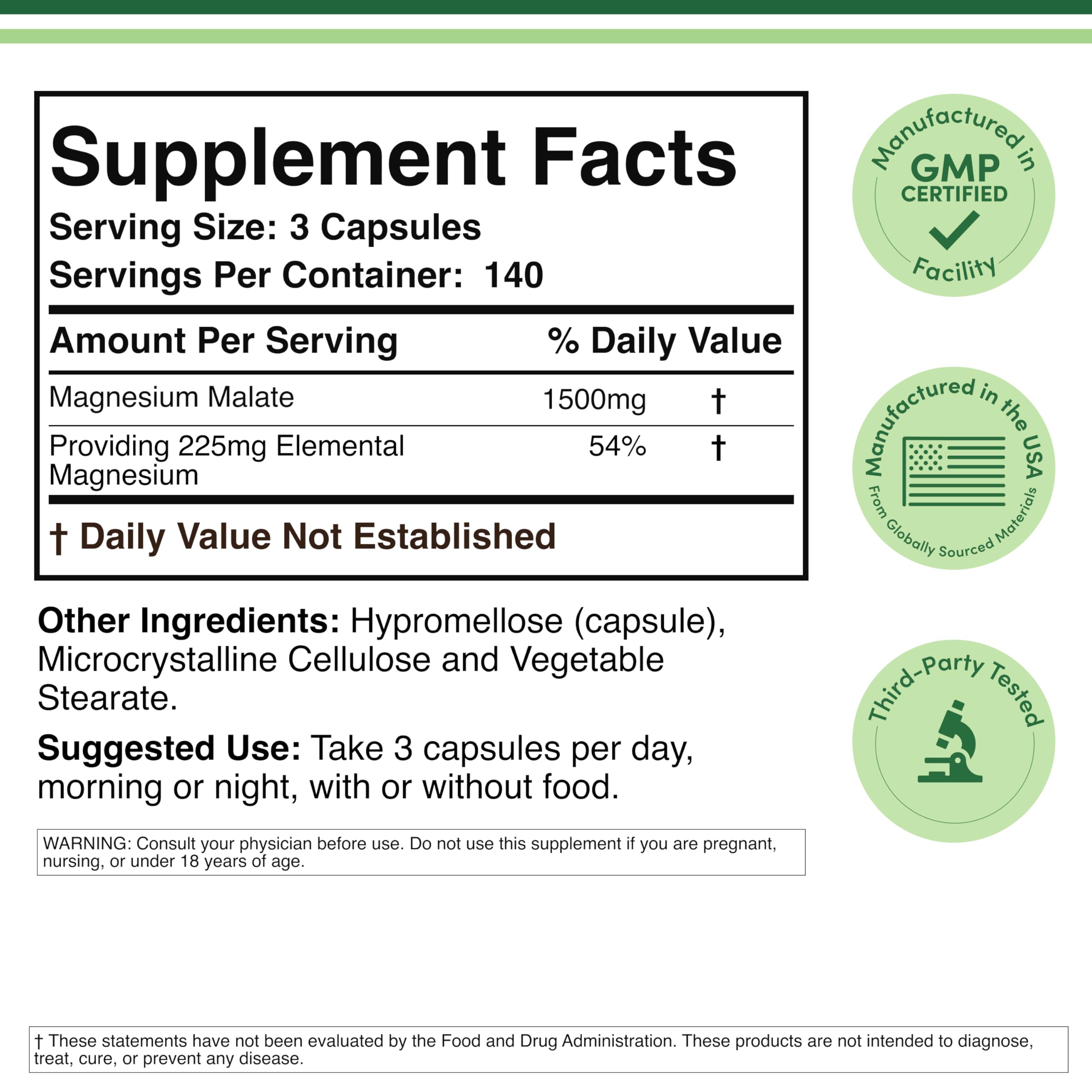 Magnesium Malate 1,500mg, Daytime Energy + Muscle Support, 420 Capsules | Daytime Energy + Muscle Supplement, 225mg Elemental Mg per Serving, Malic Acid for Cellular Energy, Vegan + Non-GMO
