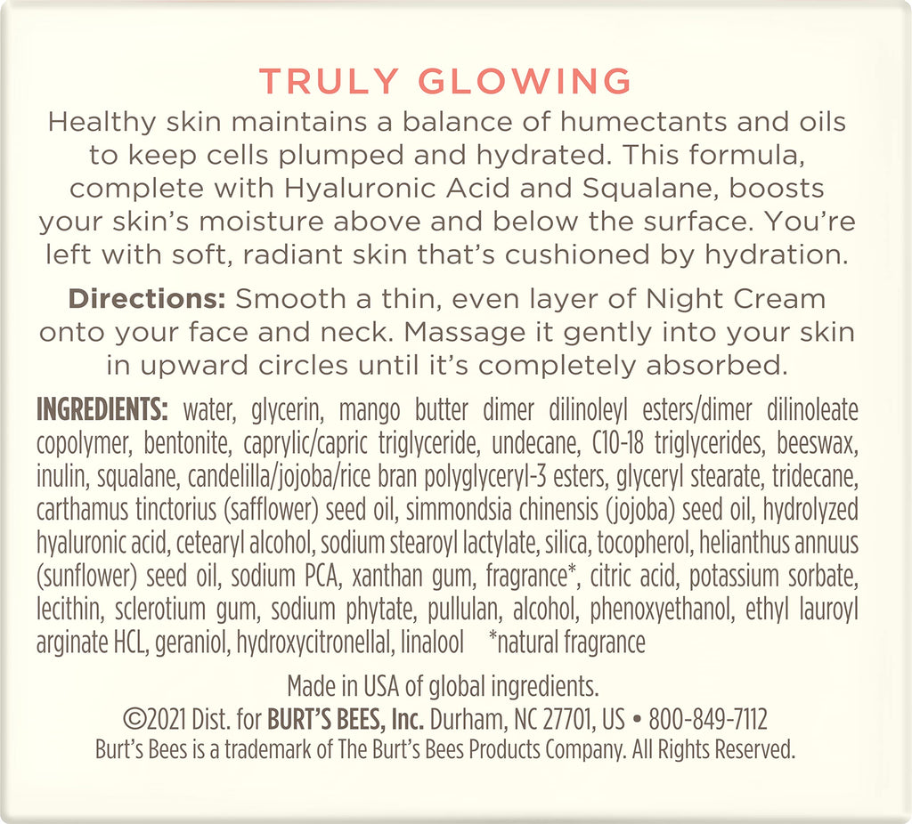Buy now Burt's Bees Truly Glowing Night Cream Unisex 1.8 oz, White (I0115908) at indiglob india