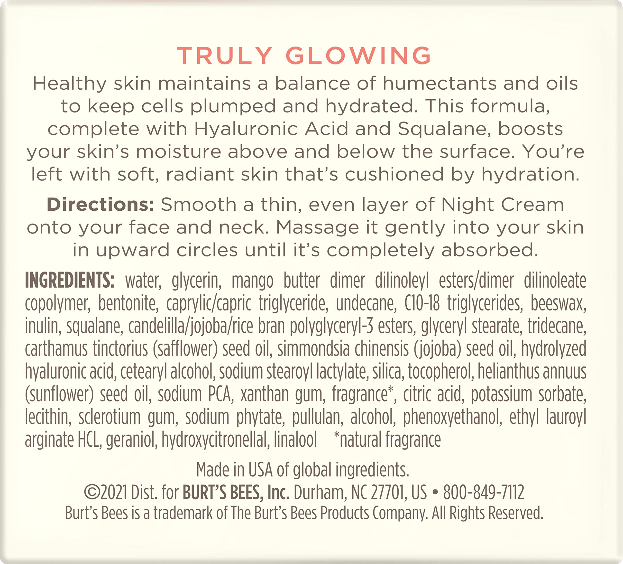 Buy now Burt's Bees Truly Glowing Night Cream Unisex 1.8 oz, White (I0115908) at indiglob india