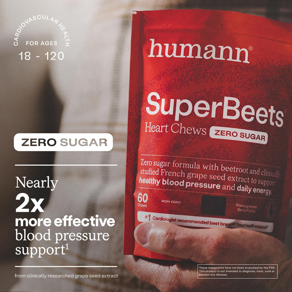 HumanN SuperBeets Heart Chews Zero Sugar, Pomegranate Berry Flavor, 180 Ct | Blood Pressure Support, Nitric Oxide Support, Heart Health & Energy, Non-GMO Beet Root Powder, Grape Seed Extract, Once Daily