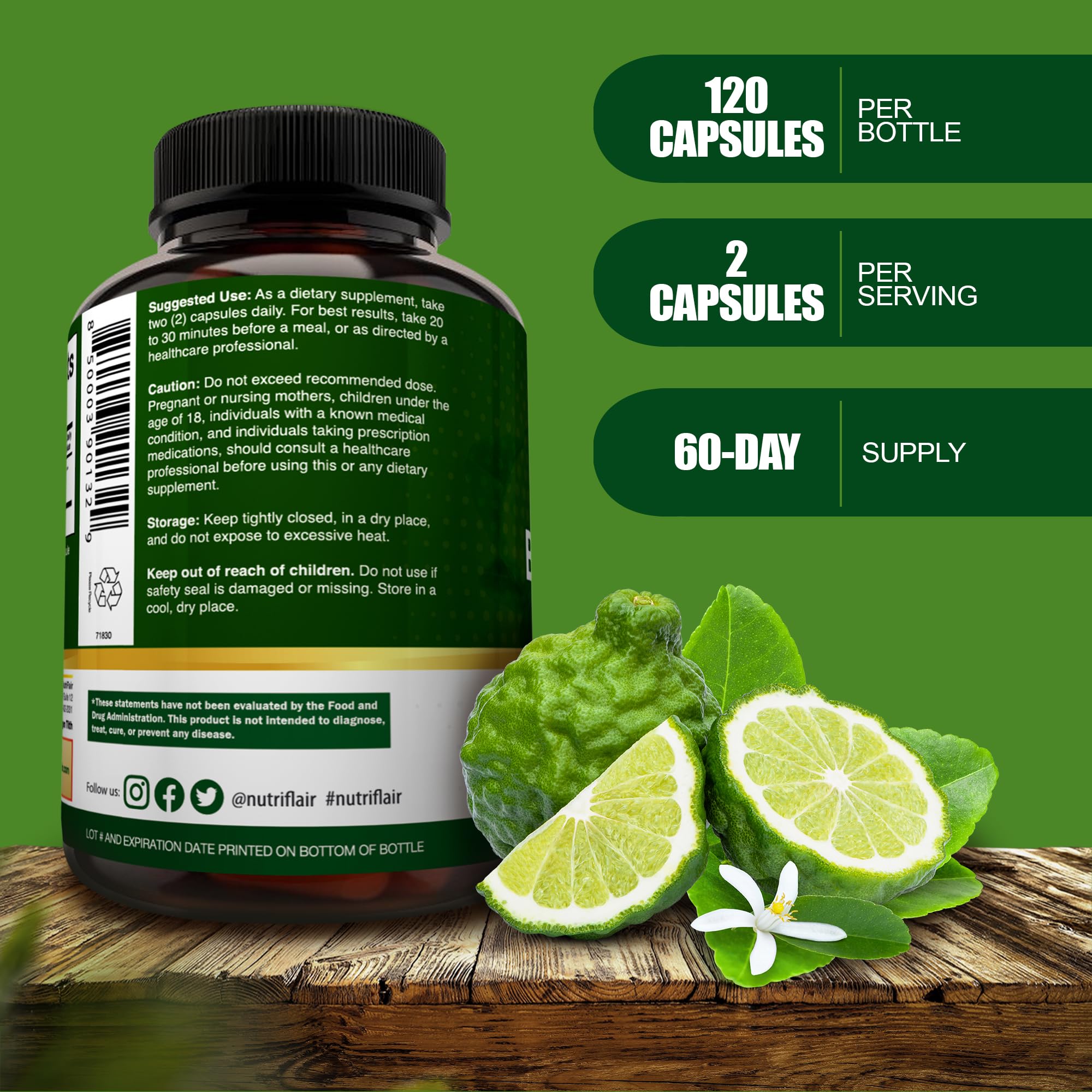 NutriFlair Organic Citrus Bergamot 1400mg, 120 Capsules - 25:1 Bergamia - Essential Oil and Citrus Bioflavonoids - Natural Heart Health Supplements for Women and Men - Non-GMO Pills