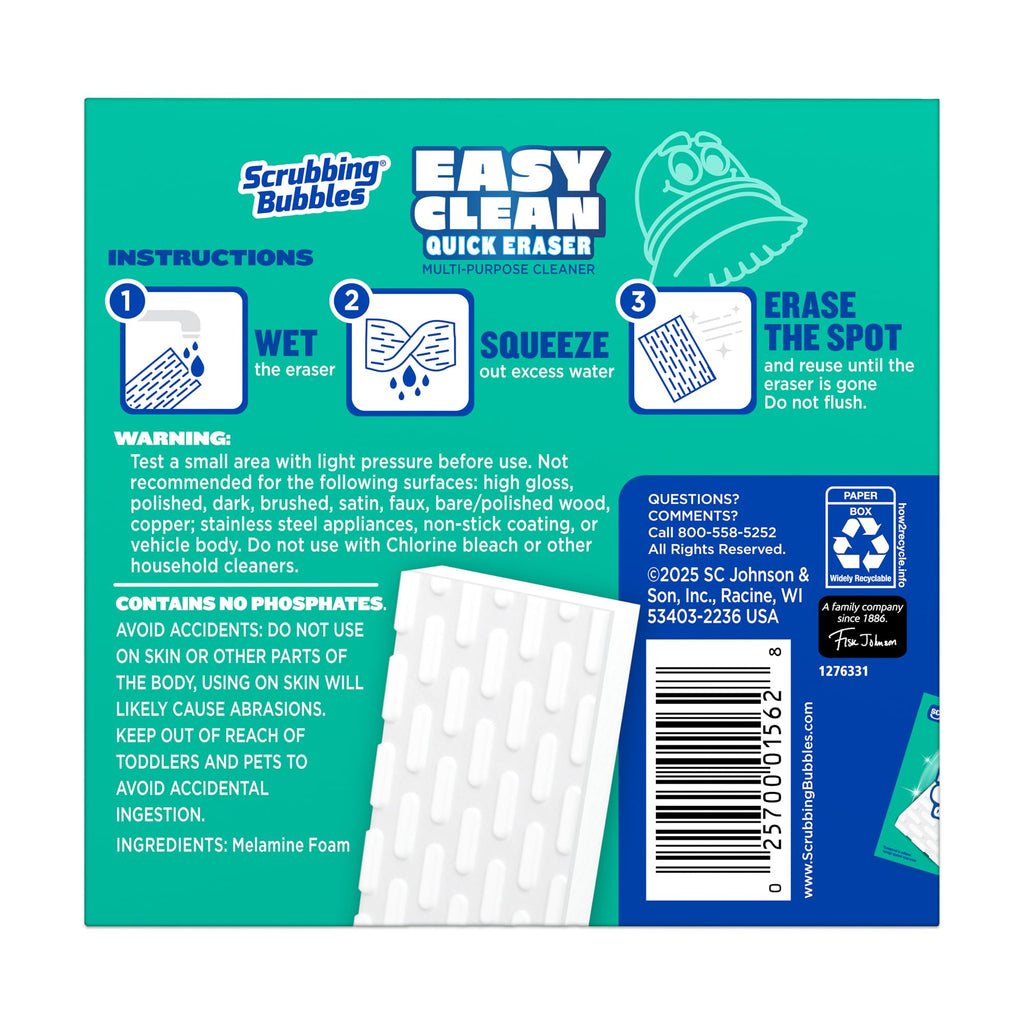 Scrubbing Bubbles Easy Clean Quick Eraser, Multipurpose Durable Bathroom Cleaner Sponge for Shower and Tub Tiles, Sinks, Faucets, Counters, Toilets, Glass Doors & More, 4-Count