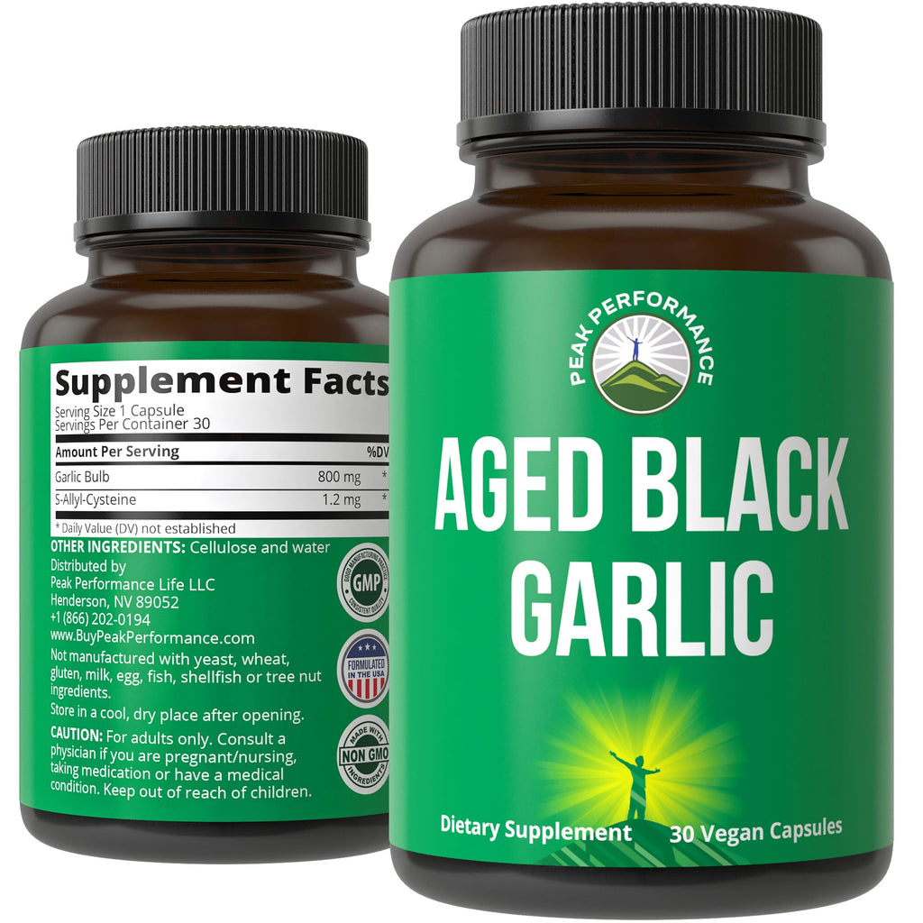 Peak Performance Aged Black Garlic Capsules. Raw Vegan Pure Odorless