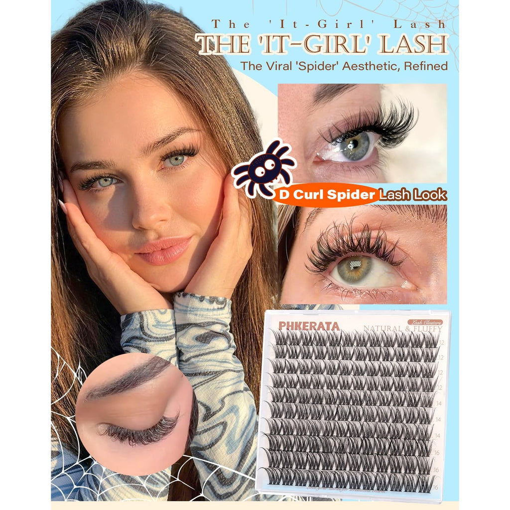 PHKERATA Spider Lash Clusters Natural Eyelash Clusters, Fluffy D Curl Cluster Eyelash Extensions, 12-14-16mm Wispy Individual Lashes with Soft Thin Band