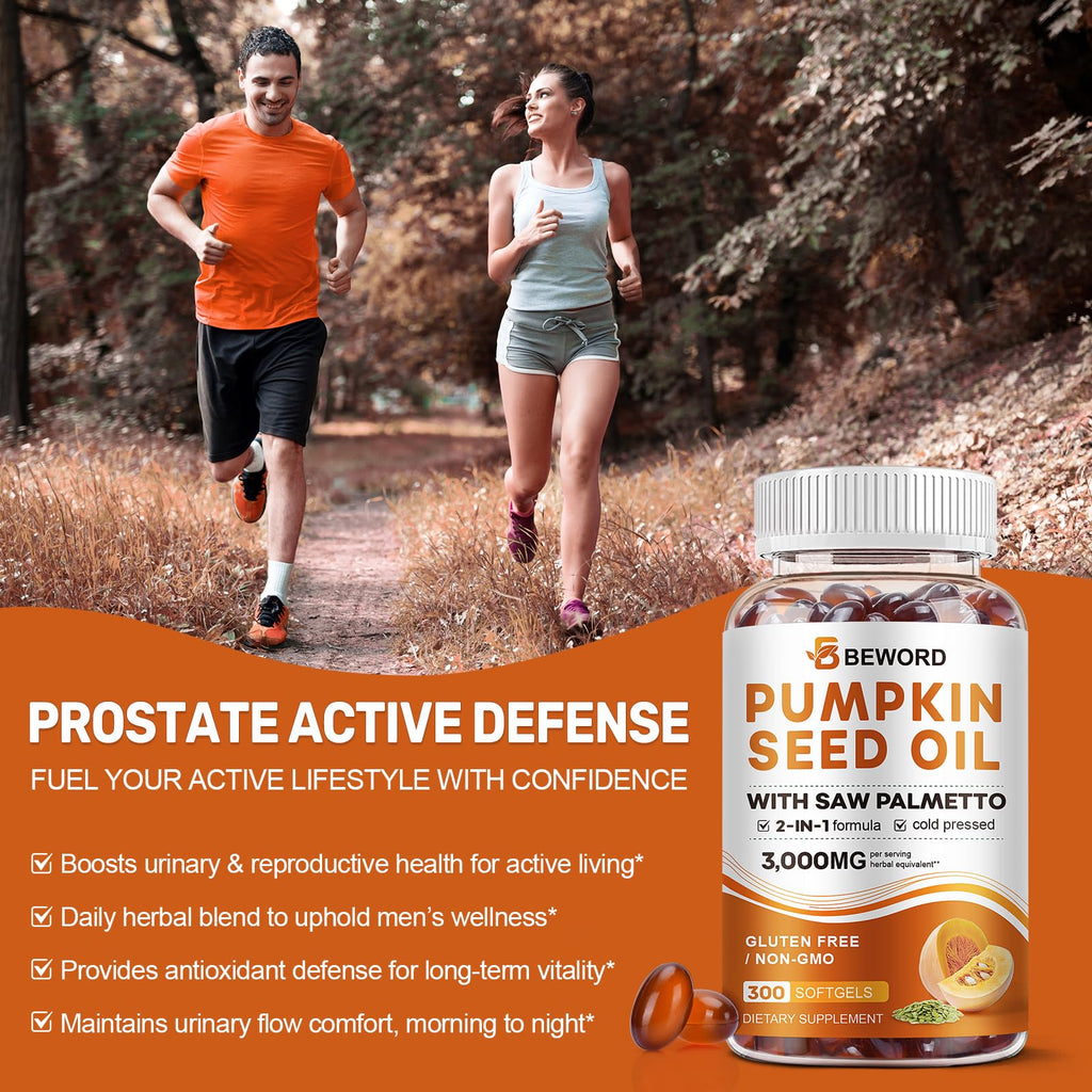 Pumpkin Seed Oil with Saw Palmetto Capsules, 3000mg/serving, Cold Pressed | 300 Softgels, Pure Virgin Oil, Essential Fatty Acids & Phytosterols | Supports Hair, Urinary, Bladder & Prostate Health
