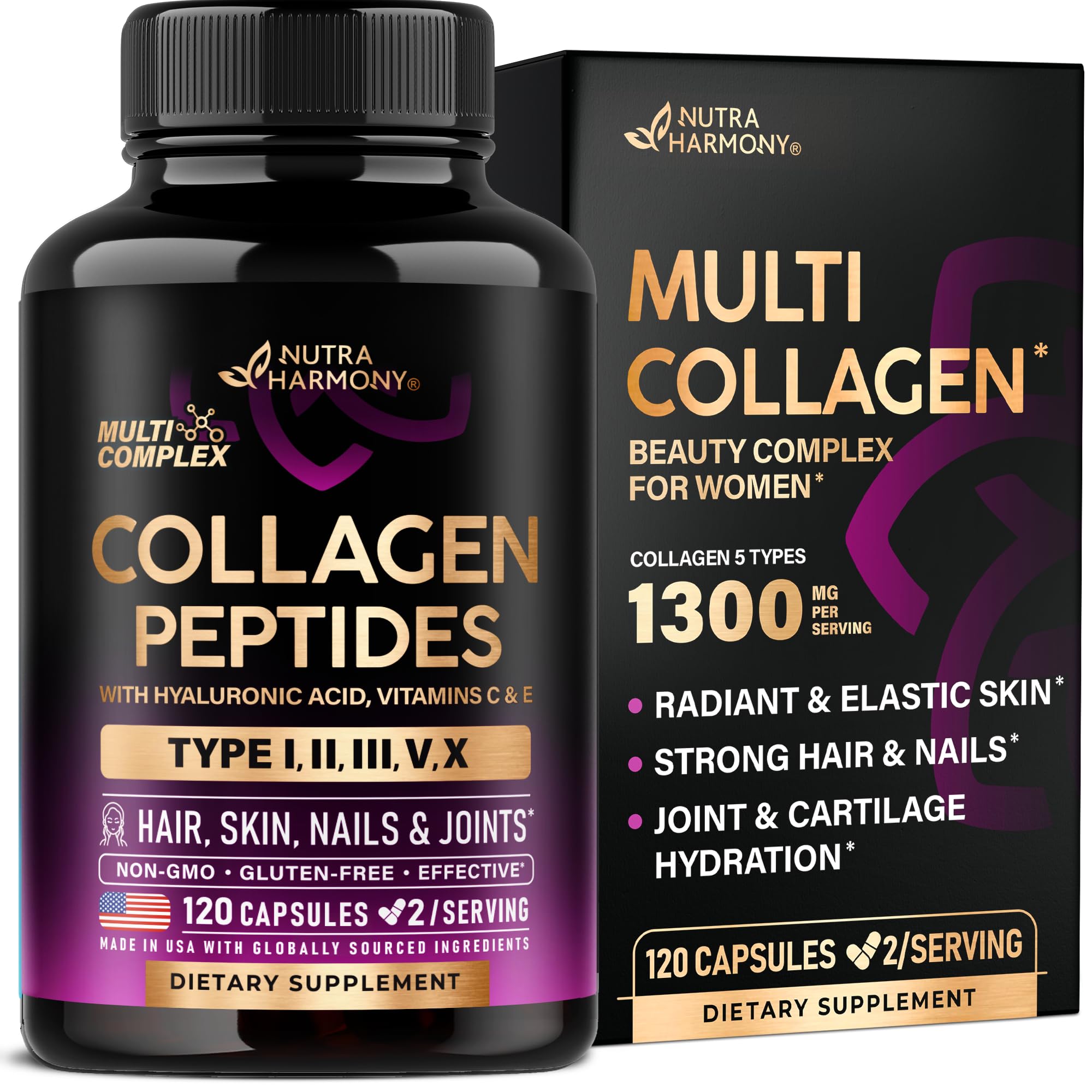 Multi Collagen Peptides 1300mg - Hydrolyzed Types I II III V & X - 120 Caps | Collagen Supplements for Women + Hyaluronic Acid, Vitamin C & E - Skin Hair Nails & Joint Support - Lab Tested, 60-Day Supply