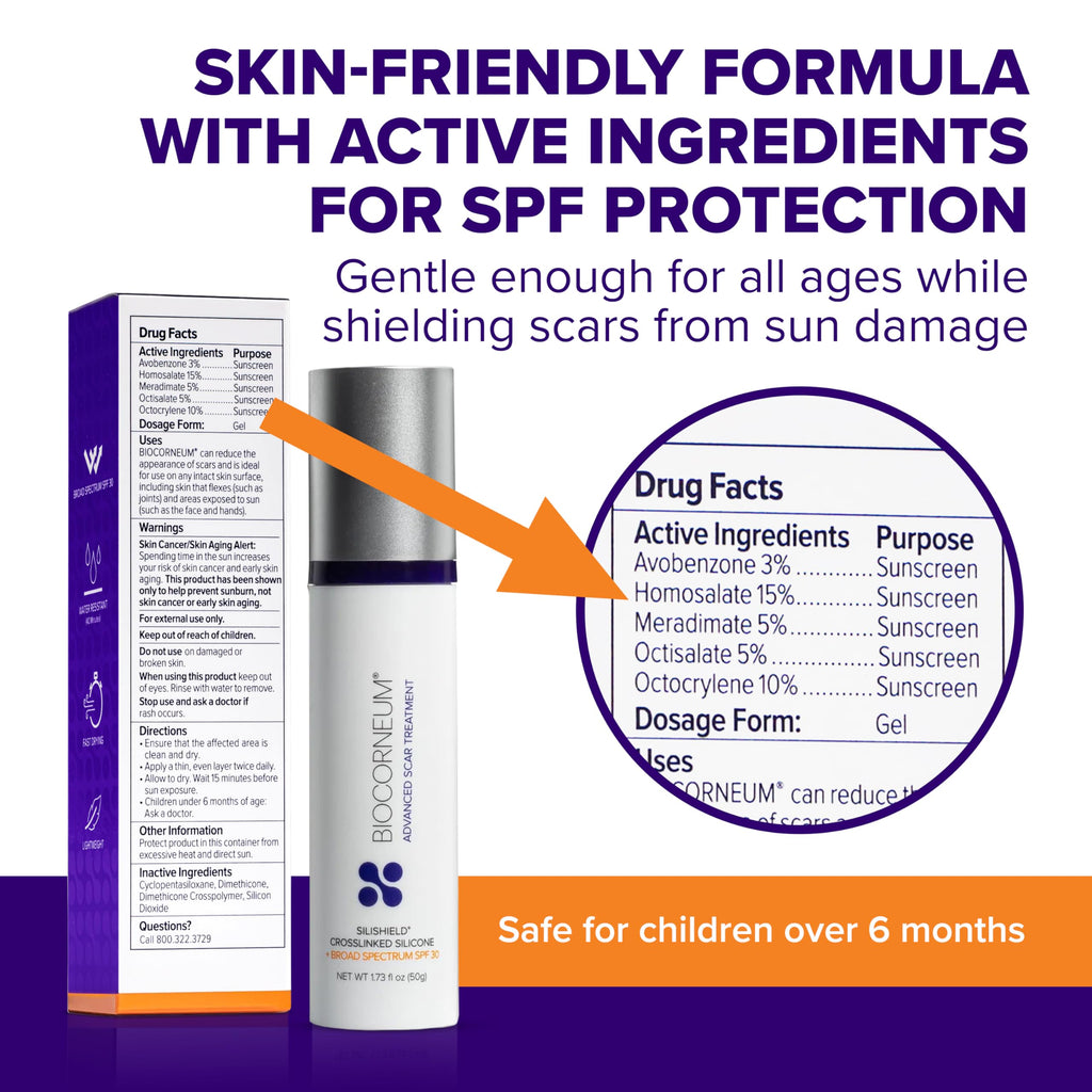 Biocorneum Silicone Scar Gel with SPF 30, Fast-Drying Scar Cream, 10g | Advanced Scar Treatment with Silishield®, Water Resistant Silicone Gel for Scars New & Old, Scar Cream for Surgical Scars