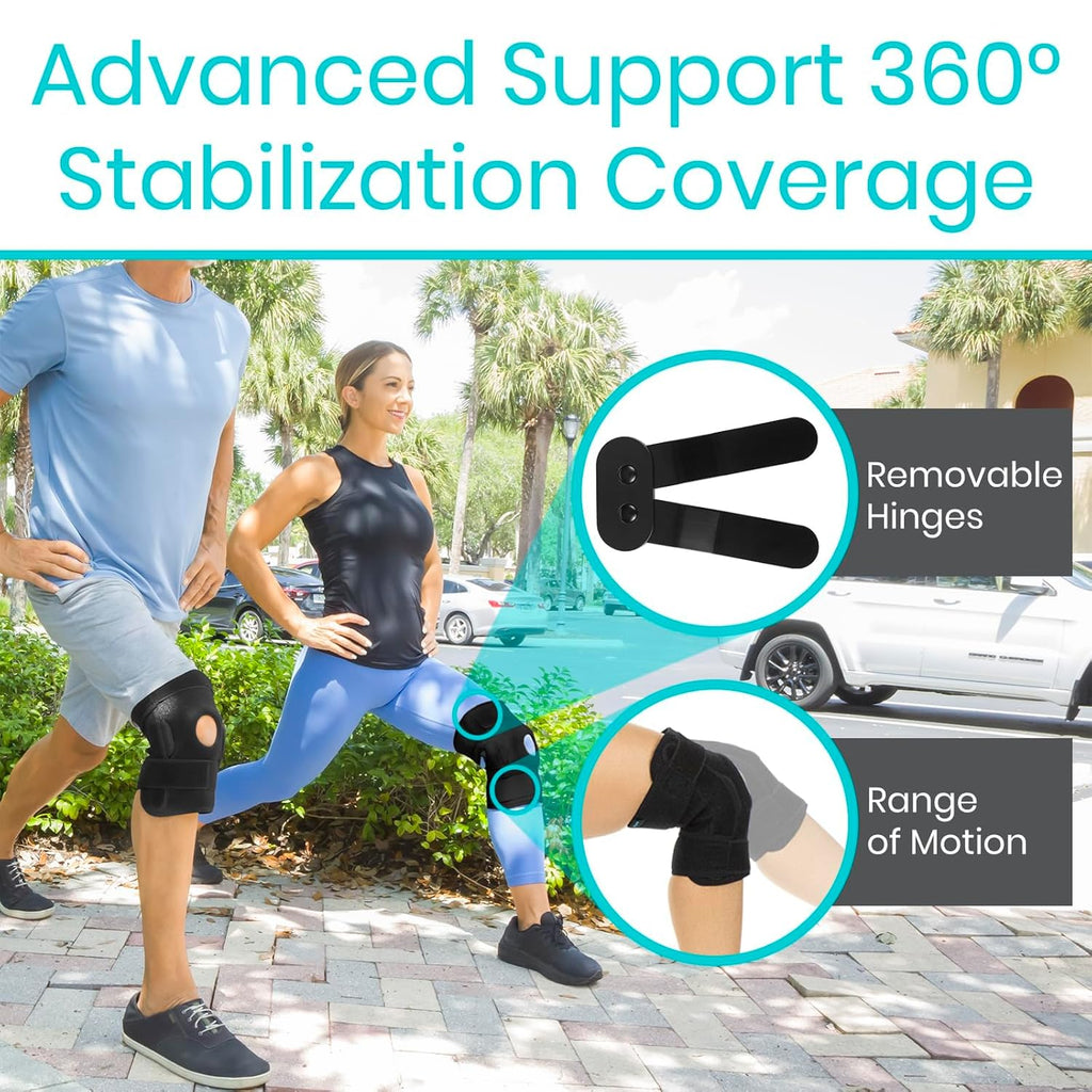 Buy now Vive Hinged Knee Brace - Relieves ACL, MCL, Meniscus Tear - Lightweight, Comfortable, Breathable Open Patella Wrap with Side Stabilizers - for Women & Men - Adjustable Strap for Tendonitis at indiglob india