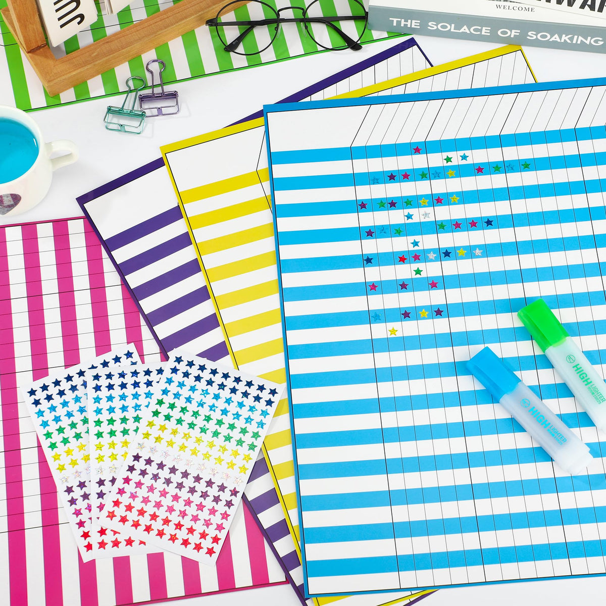8 Pack Colorful Dry Erase Incentive Chart Multi-Color Classroom Laminated Dry Erase Reward Chore Charts with 1350 Reward Star Stickers for School Attendance Homework Progress Tracking, 13" x 17"