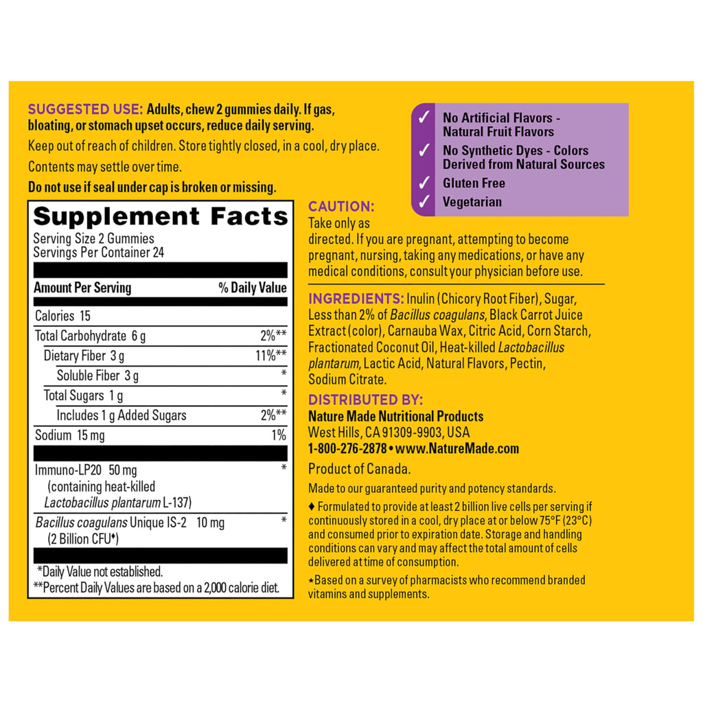Nature Made Triple-Action Biotics, Prebiotic Fiber Gummies, 48 Gummies | Digestive Probiotics for Women and Men, Gut and Immune Health Support, Vegetarian, Raspberry Lemon Flavor, 24 Day Supply