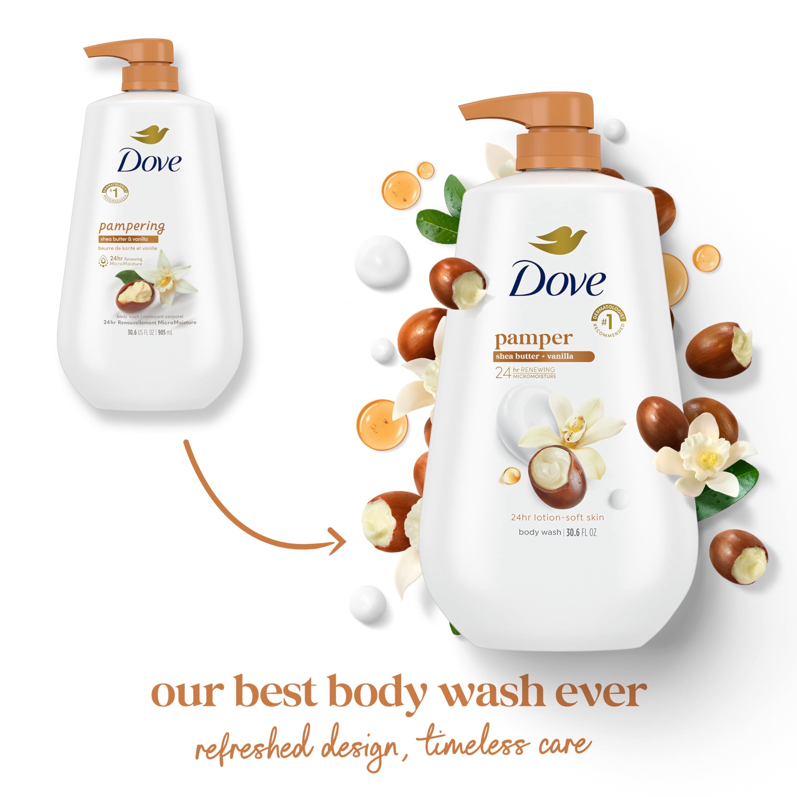 Dove Body Wash Pamper Shea Butter & Vanilla 30.6 oz Pump, Sulfate Free | Dove Shea Butter & Vanilla Body Wash nourishes skin for 24 hours with MicroMoisture technology and warm vanilla scent.