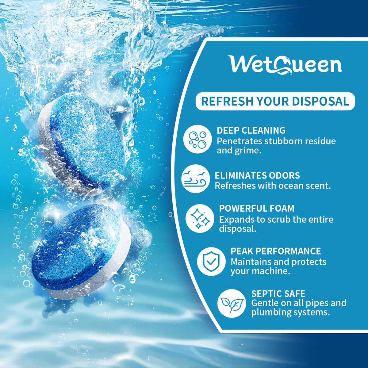 WETQUEEN Garbage Disposal Cleaner & Deodorizer Tablets - 24 Ct, Ocean Scent