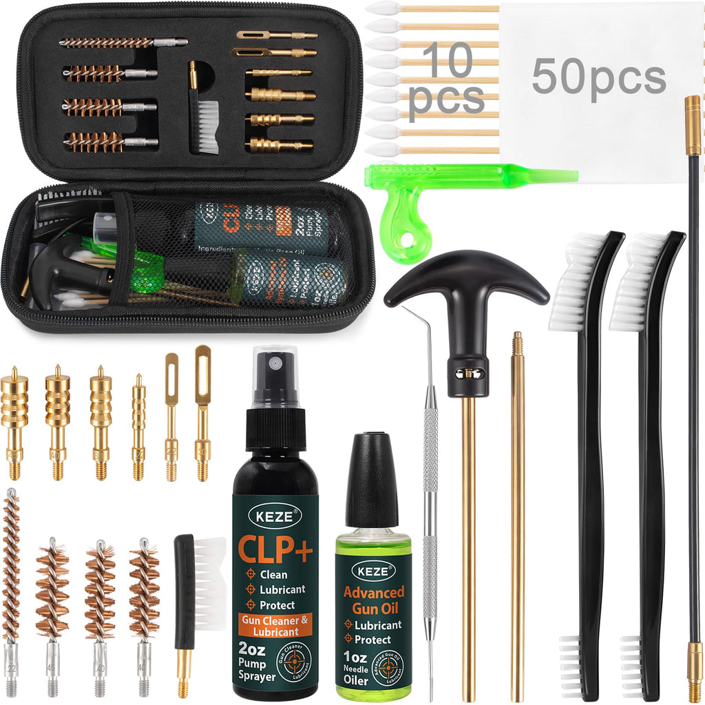 Keze Gun Cleaning Kit 9mm,.22,.357,.38,.45 with Gun Oil 1 oz. & CLP Cleaner Lubricant 2 oz. Handgun Shotgun Rifle and Pistol Cleaning Kits with Caliber Brass Brush and Brass Jag Adapter Portable Case