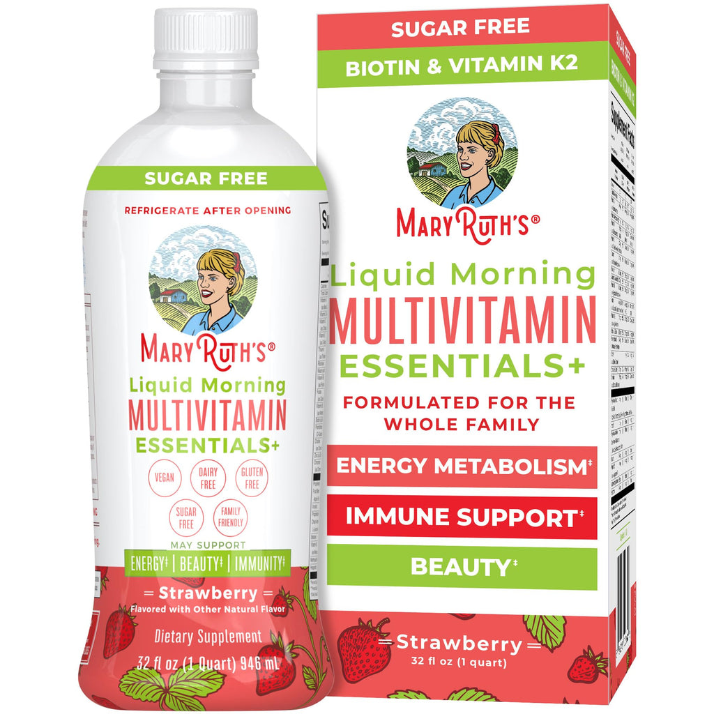 MaryRuth's Liquid Morning Multivitamin Essentials+, 2 Flavors, Vegan, 32oz | Vitamin A C D E B6 B12 Biotin Zinc, Mens Womens Multivitamin, Immune Support, Beauty, Sugar Free, Vegan, Ages 1+