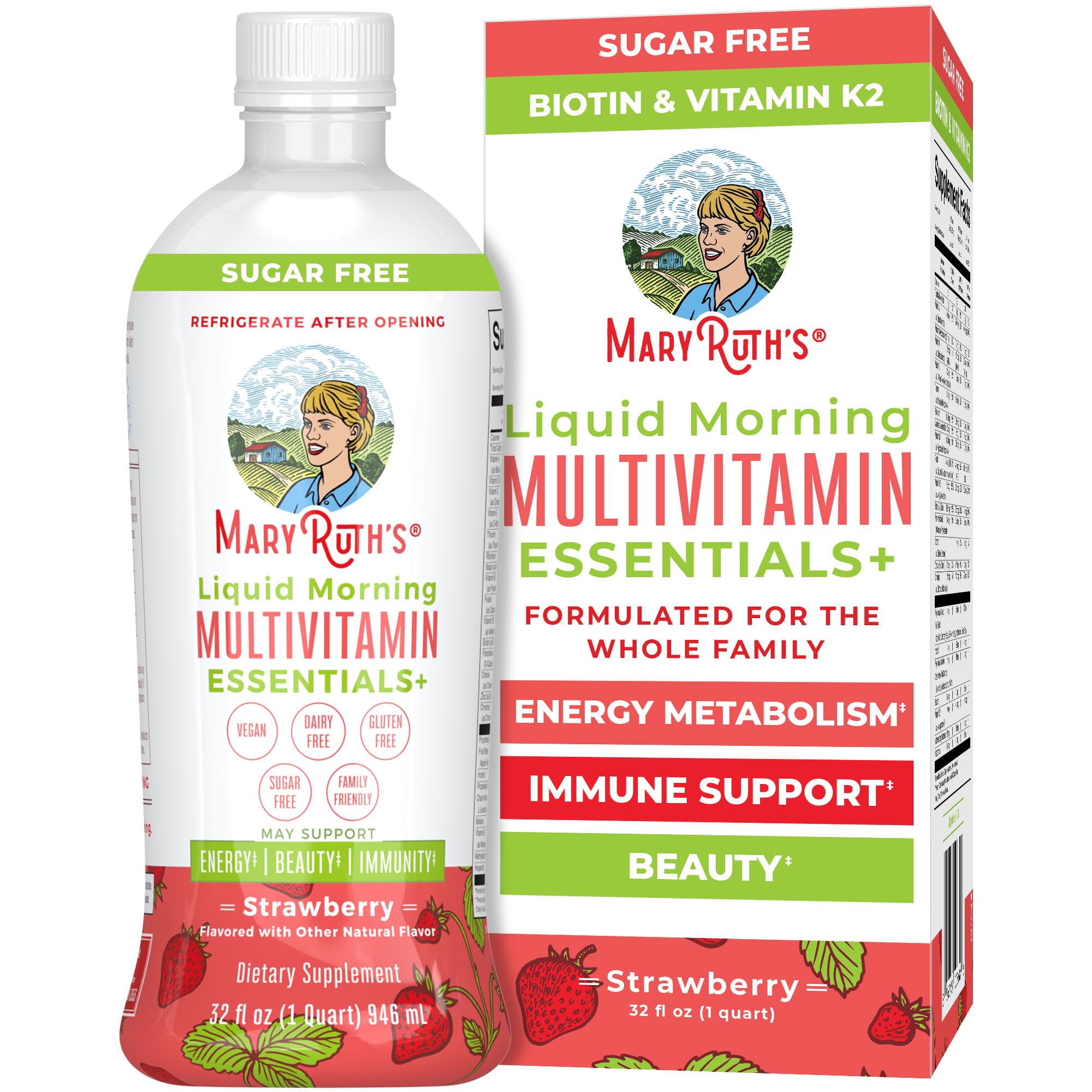 MaryRuth's Liquid Morning Multivitamin Essentials+, 2 Flavors, Vegan, 32oz | Vitamin A C D E B6 B12 Biotin Zinc, Mens Womens Multivitamin, Immune Support, Beauty, Sugar Free, Vegan, Ages 1+