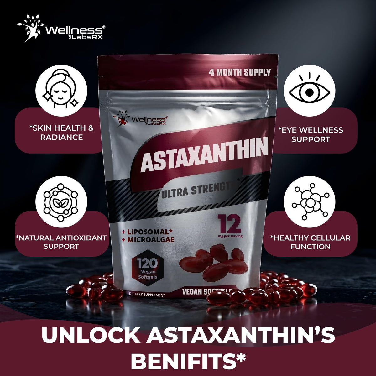 Astaxanthin 12mg, 120 Softgels, 4 Month Supply Axanthanin Supplement