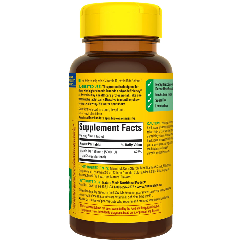 Nature Made Vitamin D3 5000 IU (125 mcg), 70 Fast Dissolve Tablets | Sugar Free, Extra Strength, Vitamin D Supplement for Immune Bone, Teeth and Muscle Health Support, 70 Day Supply