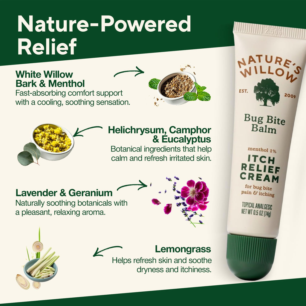 Nature's Willow Bug Bite Balm Natural Itch Relief Cream for Alleviating Insect Bite Irritation | Topical Willow Bark Cream with Essential Oils and Cooling Menthol | 0.5 fl oz