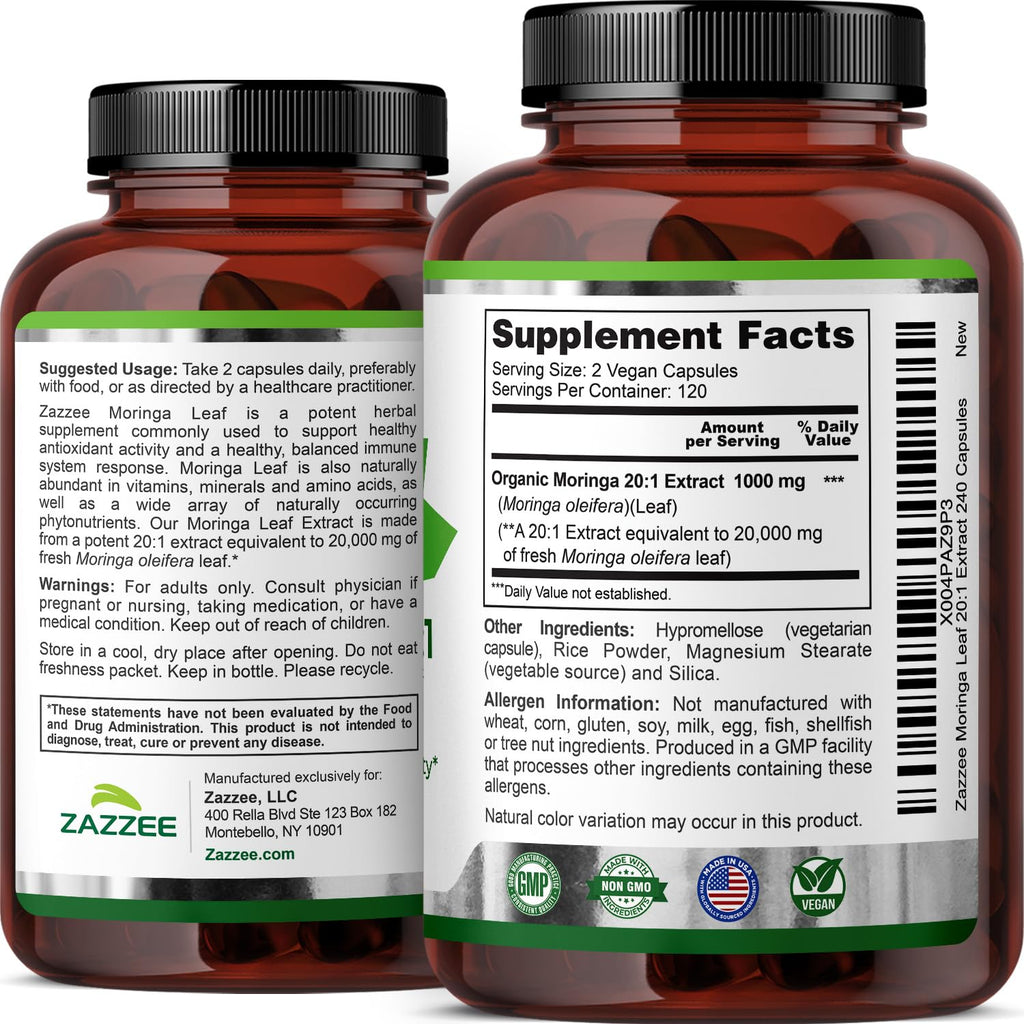 Zazzee USDA Organic Moringa Leaf 20:1 Extract, 240 Vegan Capsules | 4 Month Supply, Certified Kosher, Moringa Oleifera, Antioxidant, Immune & Cellular Support, Superfood Supplement, Made in USA