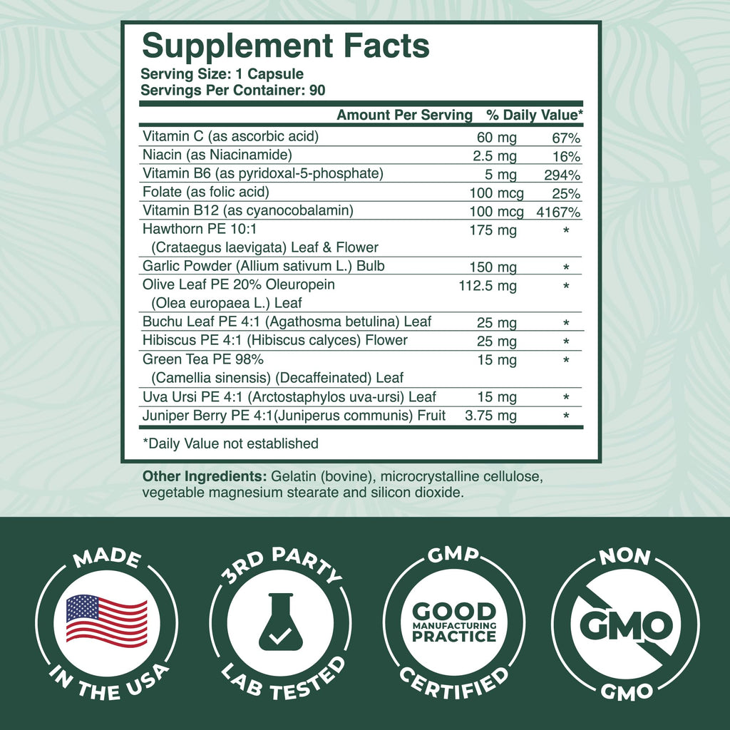 PurePremium Blood Pressure Supplements with Hawthorn Berry, Hibiscus - 90ct | Garlic & Vitamin B12 - Nitric Oxide Supplement for Normal Heart Health, Circulation Health & Blood Pressure Support, USA Made