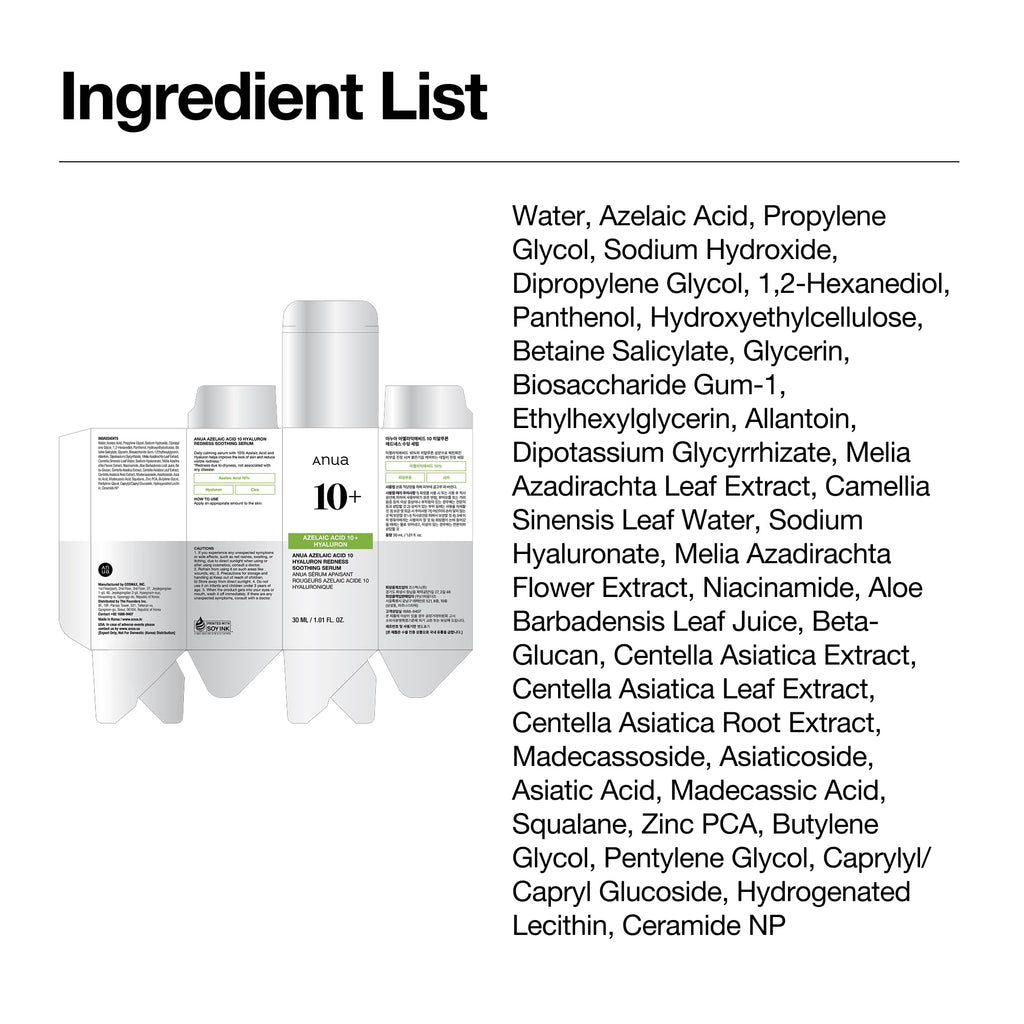Anua Azelaic Acid 10 Hyaluron Redness Soothing Serum, 1.01 fl oz | Facial Serum for Blemish-Prone & Oily-Prone Skin, Lightweight & Hydrating Blemish Care, Hyaluronic Acid, Korean Skincare