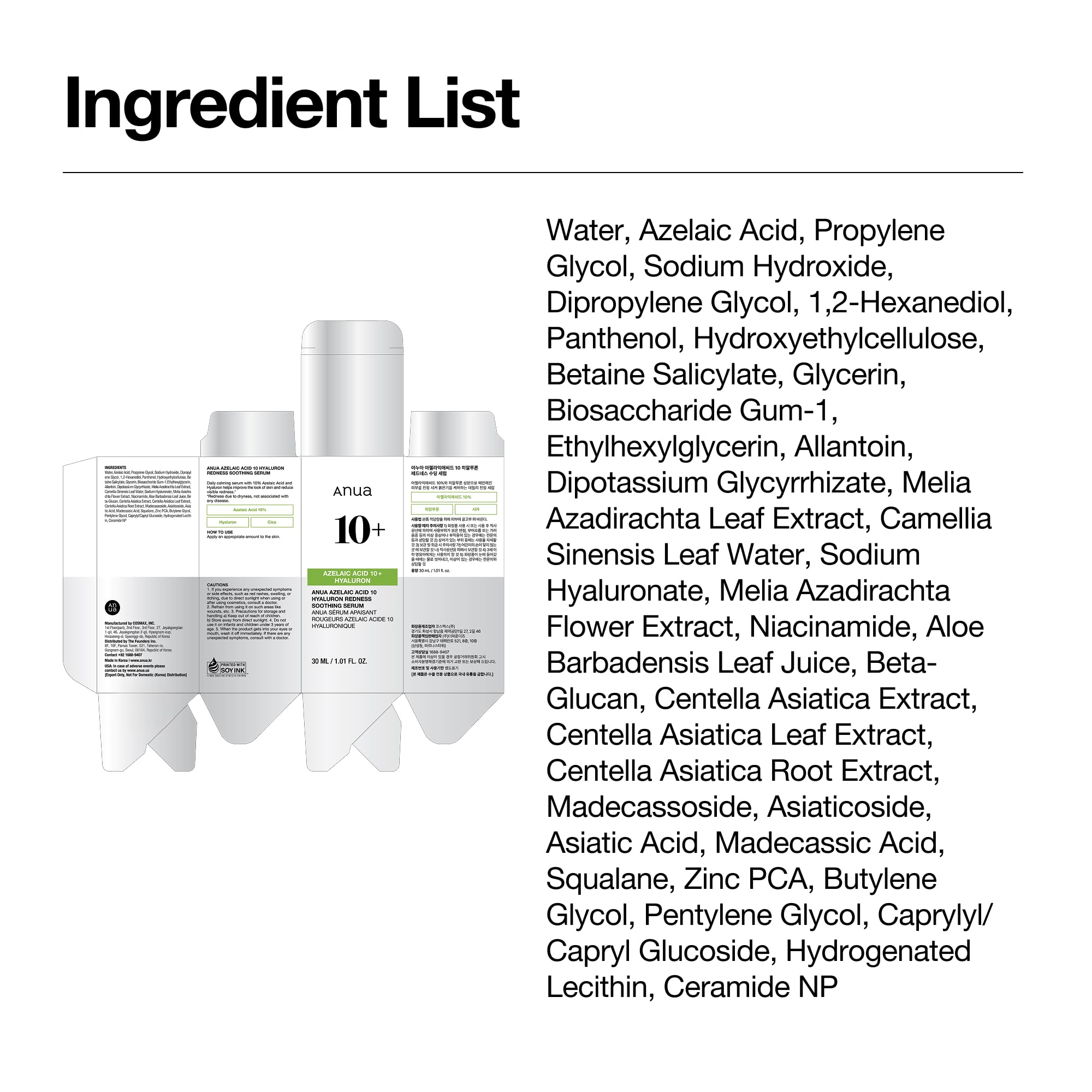 Anua Azelaic Acid 10 Hyaluron Redness Soothing Serum, 1.01 fl oz | Facial Serum for Blemish-Prone & Oily-Prone Skin, Lightweight & Hydrating Blemish Care, Hyaluronic Acid, Korean Skincare