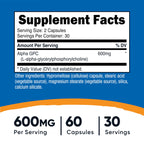 Nutricost Alpha GPC 600mg, 60 Vegetarian Capsules - Non-GMO and Gluten Free, 300mg Per Capsule