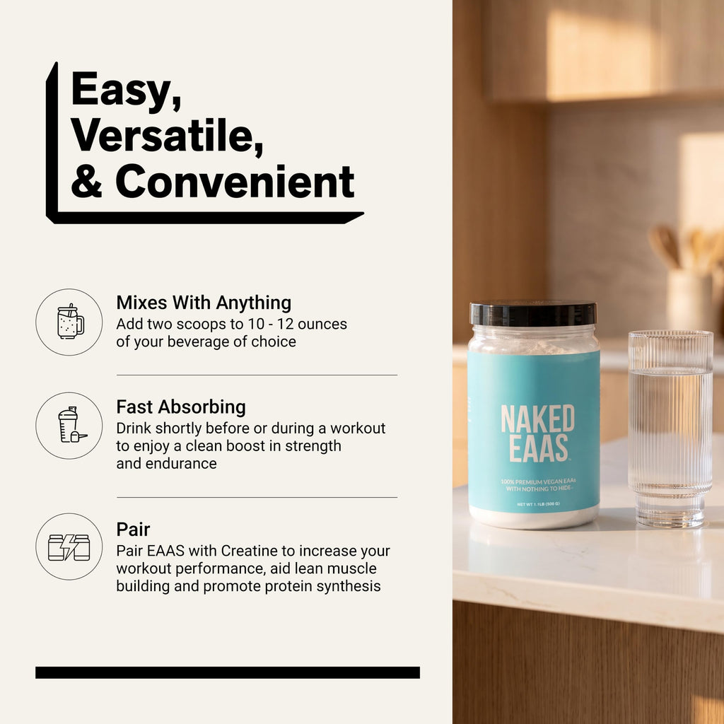 NAKED EAAs Amino Acids Powder - 50 Servings - Vegan Unflavored Essential Amino Acids 500 Grams - Instantized All Natural EAAs Powder Supplement