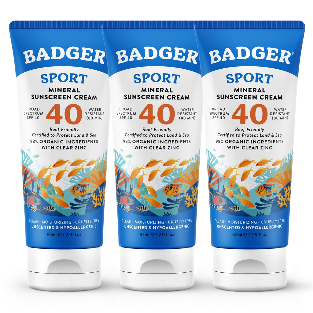 Badger Sport Mineral Sunscreen, Reef Safe, SPF 40, 98% Organic with Zinc Oxide, Water Resistant, Hawaii Reef Act 104 Compliant, Unscented & Hypoallergenic, For Sports & Adventures, 2.9 fl oz, 2-Pack